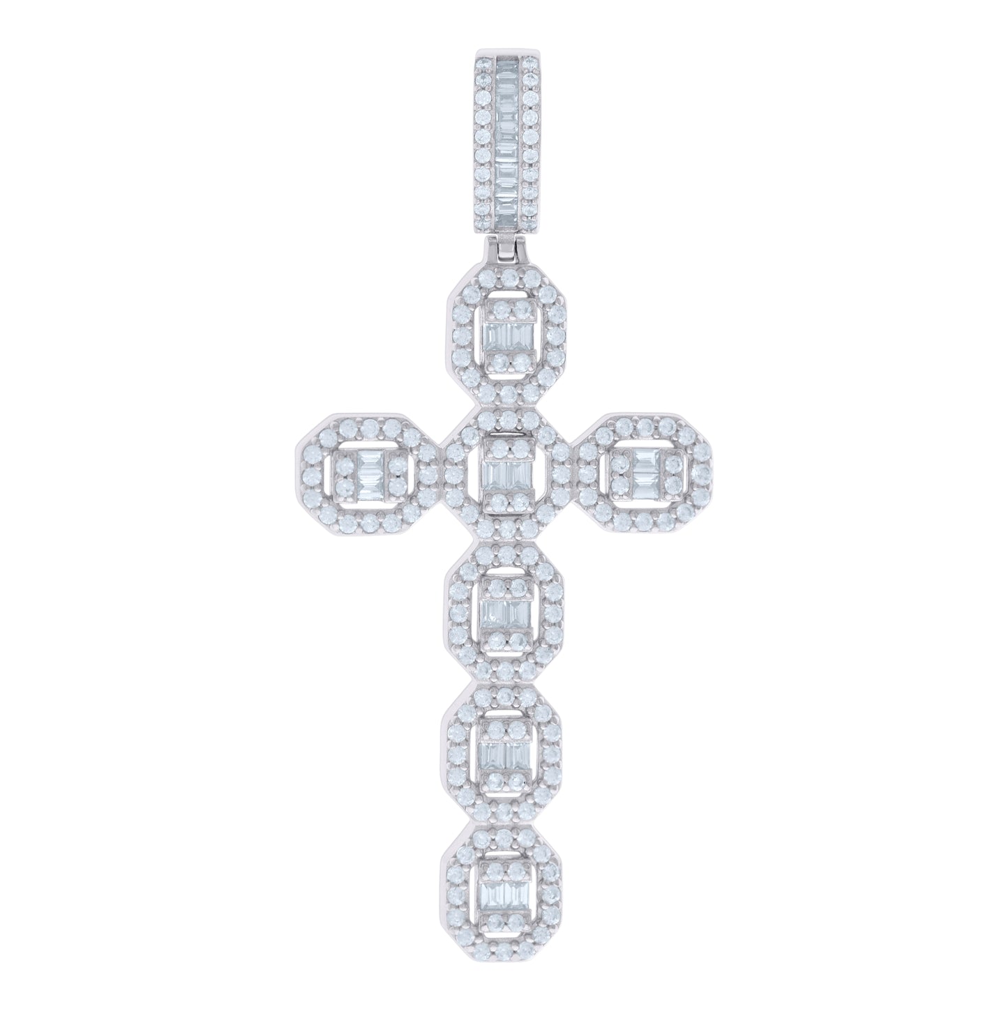 Sterling Silver Mens Baguette Round Cubic-Zirconia Cross Religious Charm Pendant
