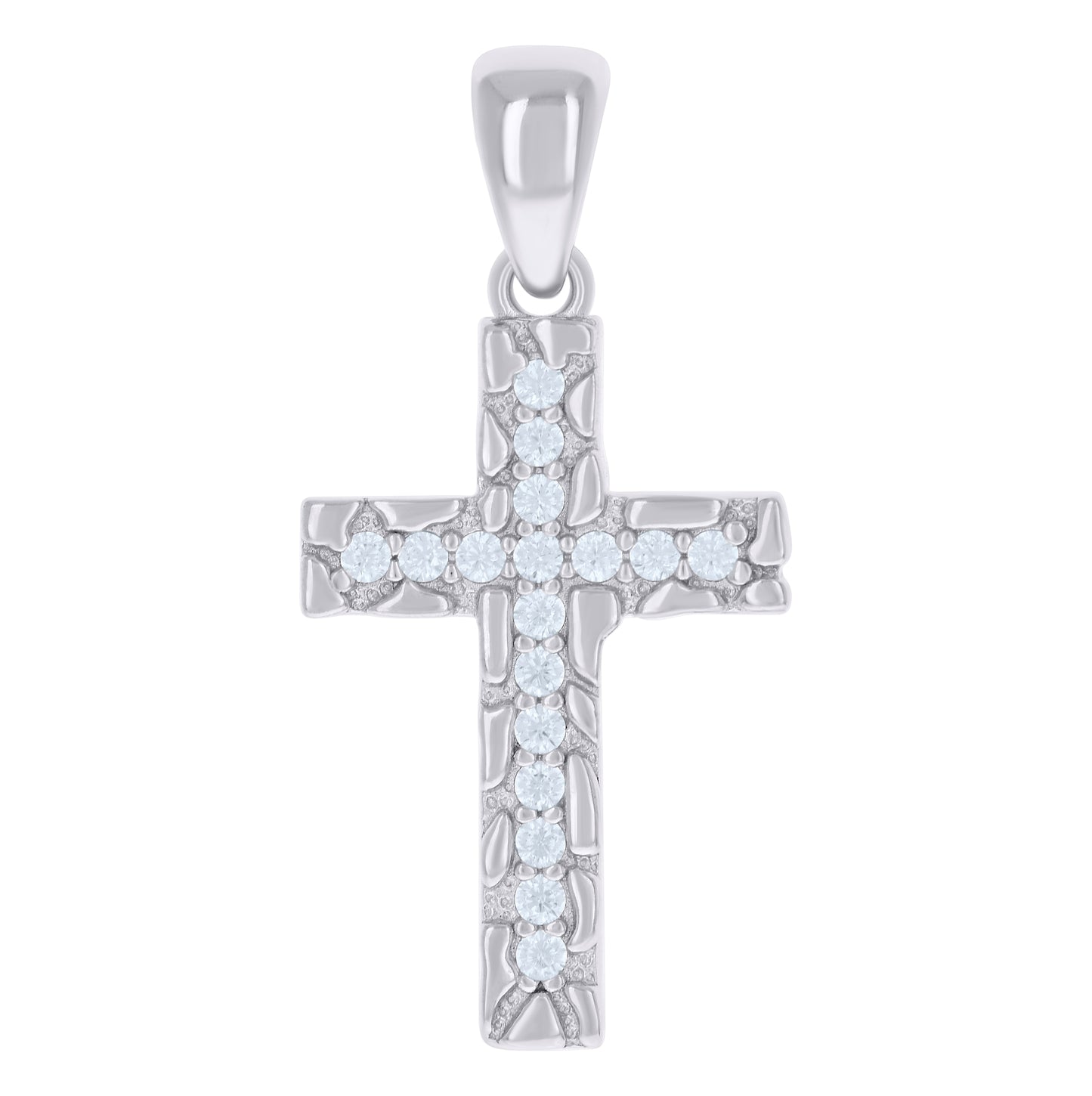 Sterling Silver Mens Cubic-Zirconia Nugget Cross Religious Charm Pendant