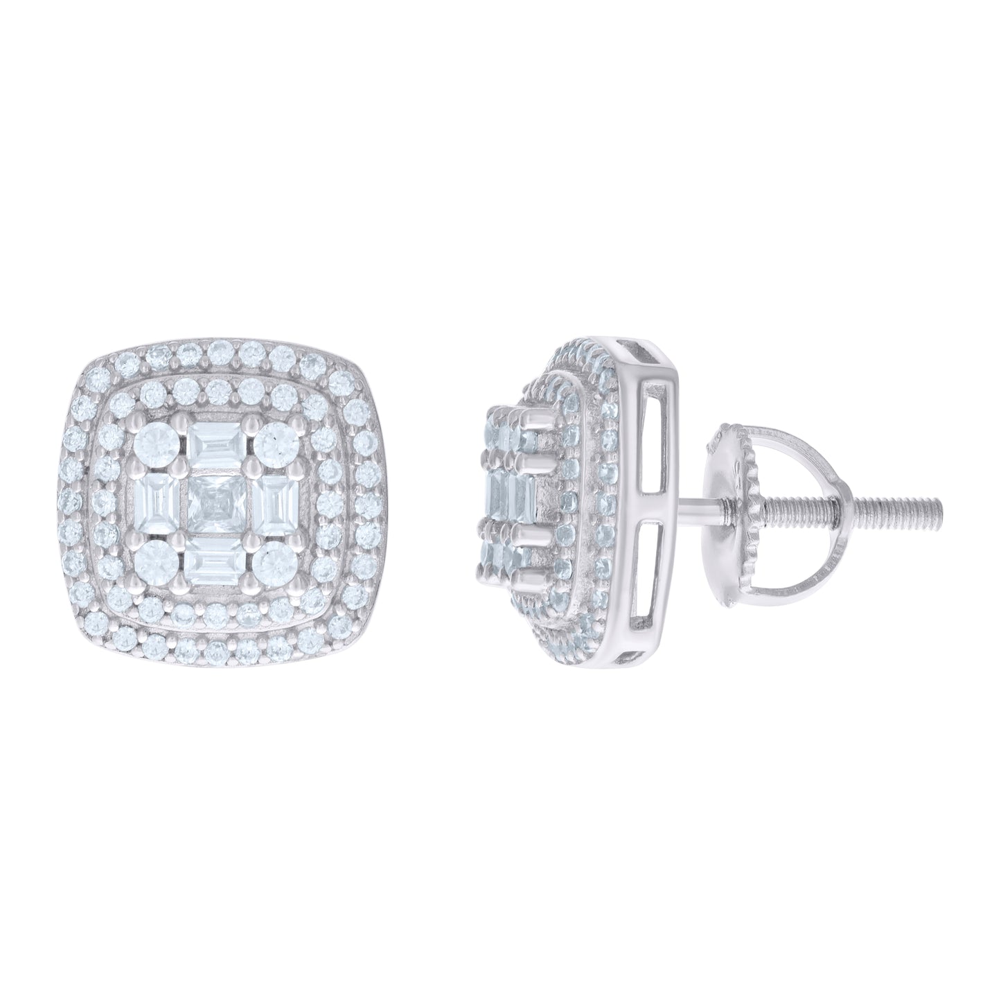 Sterling Silver Womens Baguette Round Cubic-Zirconia Square Stud Earrings