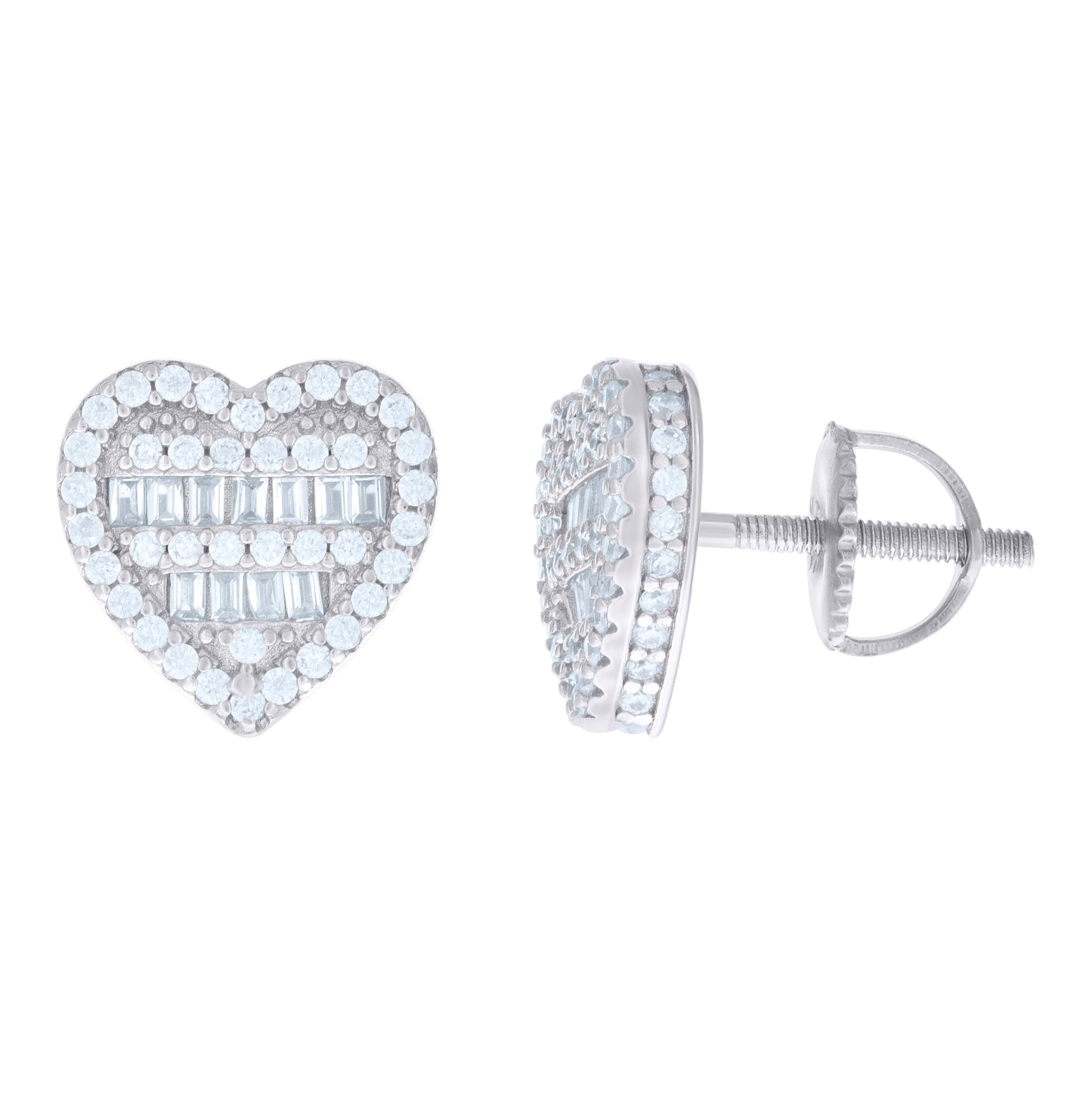 Sterling Silver Womens Baguette Round Cubic-Zirconia Heart Stud Earrings