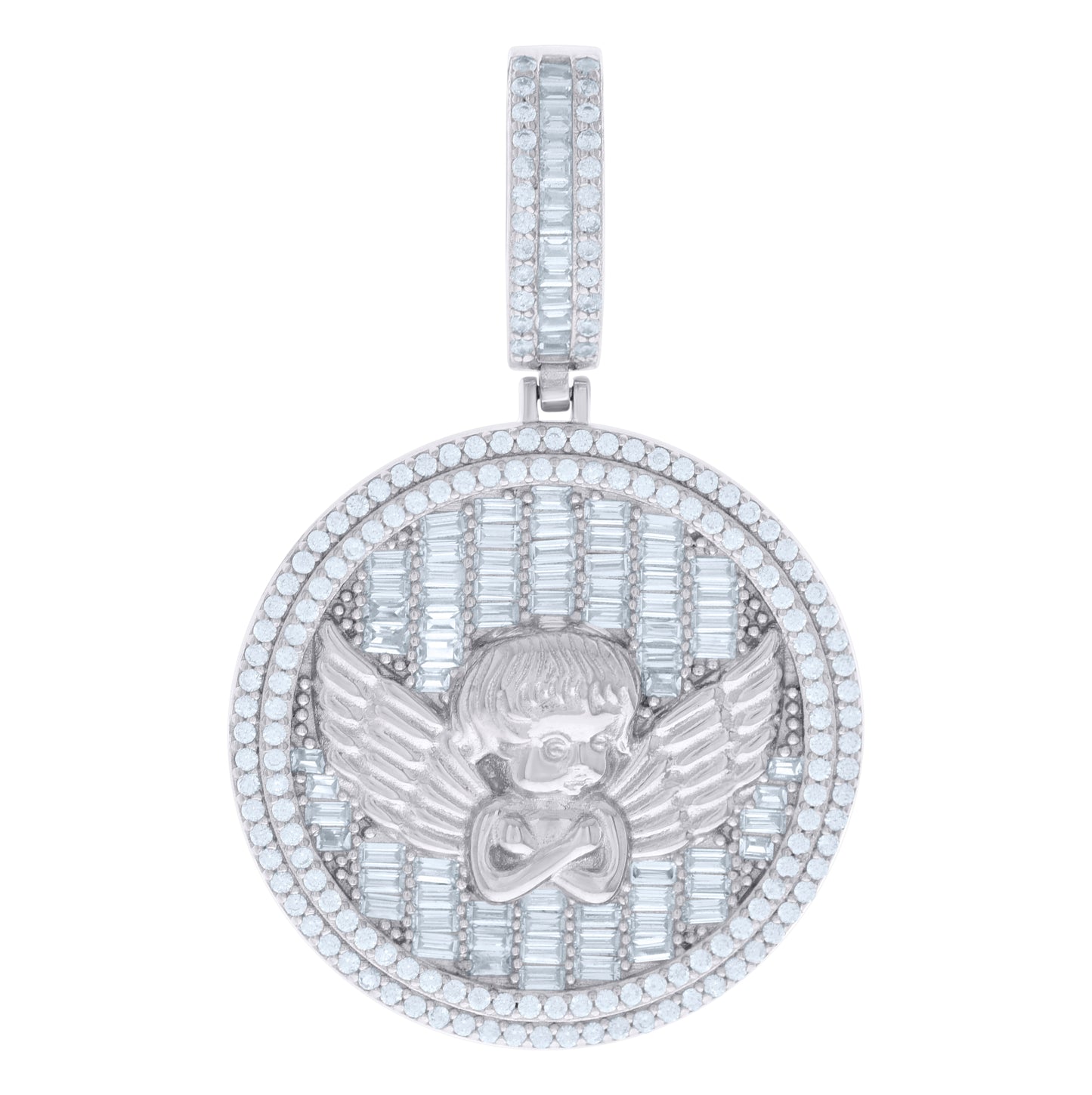 Sterling Silver Mens Baguette Round Cubic-Zirconia Medallion Angle Charm Pendant