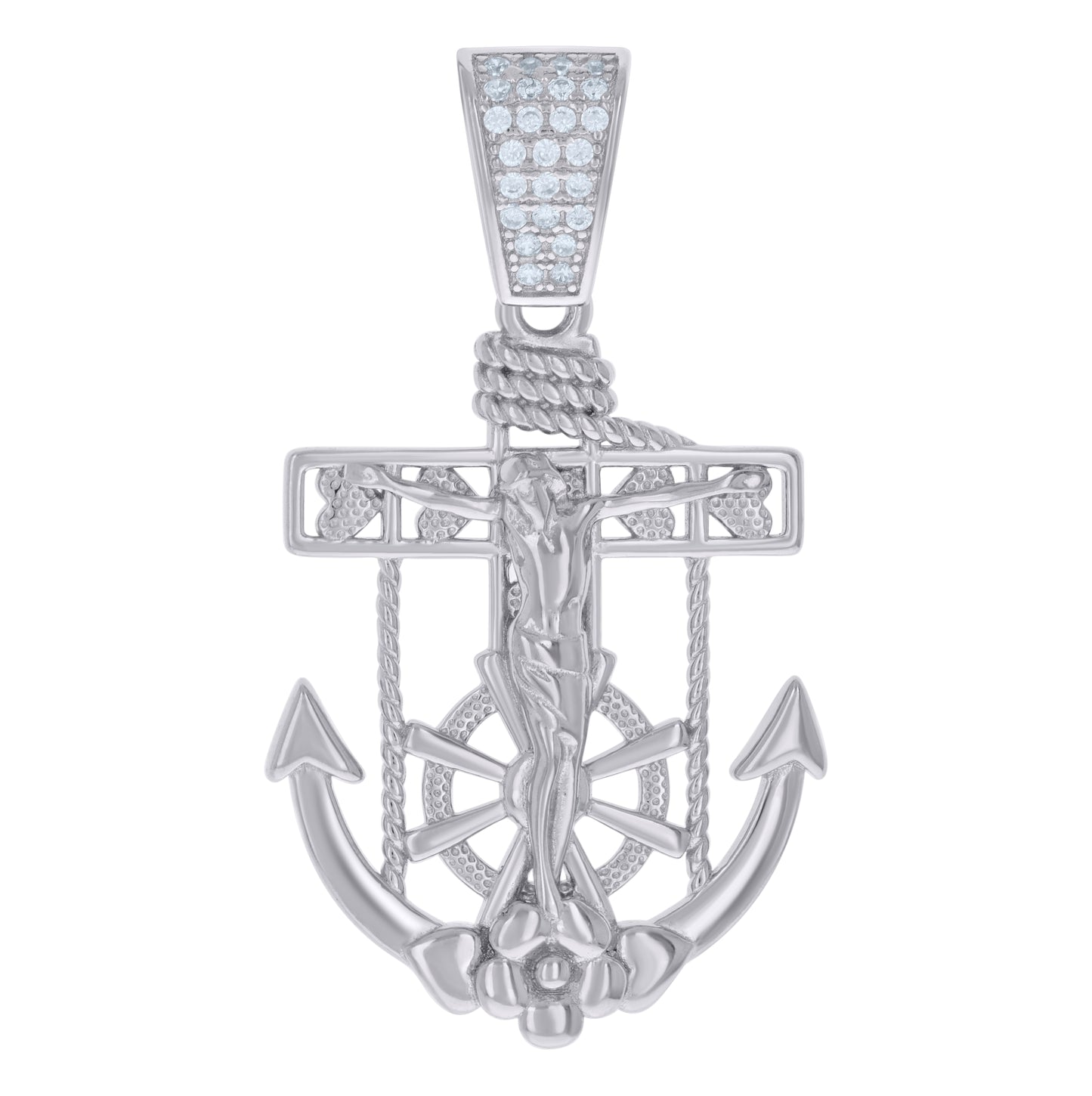 Sterling Silver Mens Cubic-Zirconia Anchor Crucifix Religious Charm Pendant
