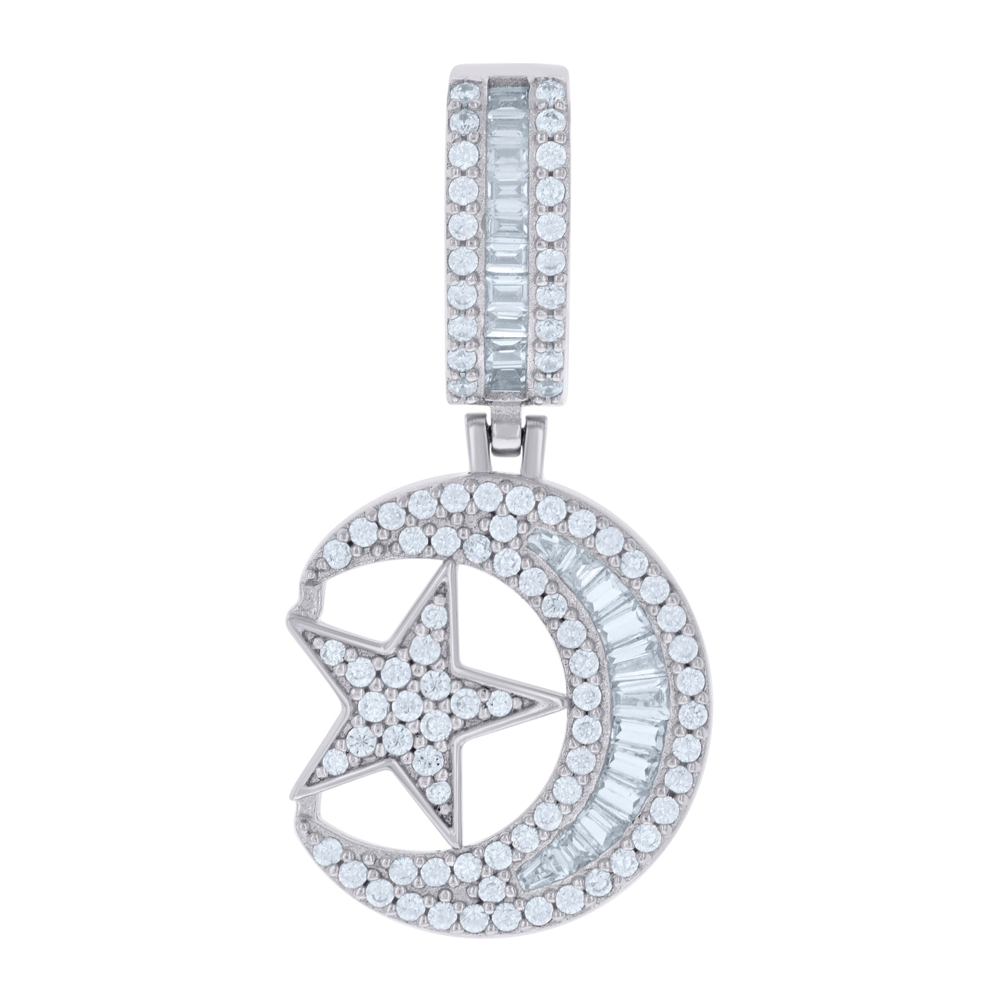 Sterling Silver Mens Baguette Round Cubic-Zirconia Crescent Moon Star Celestial Charm Pendant