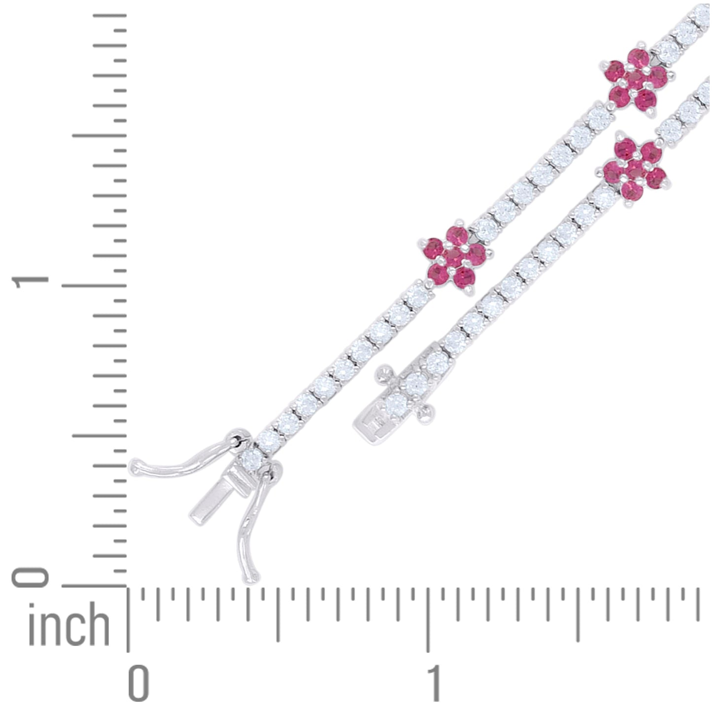 Sterling Silver Womens Red White Cubic-Zirconia Flower Fashion Link Bracelet 7.25