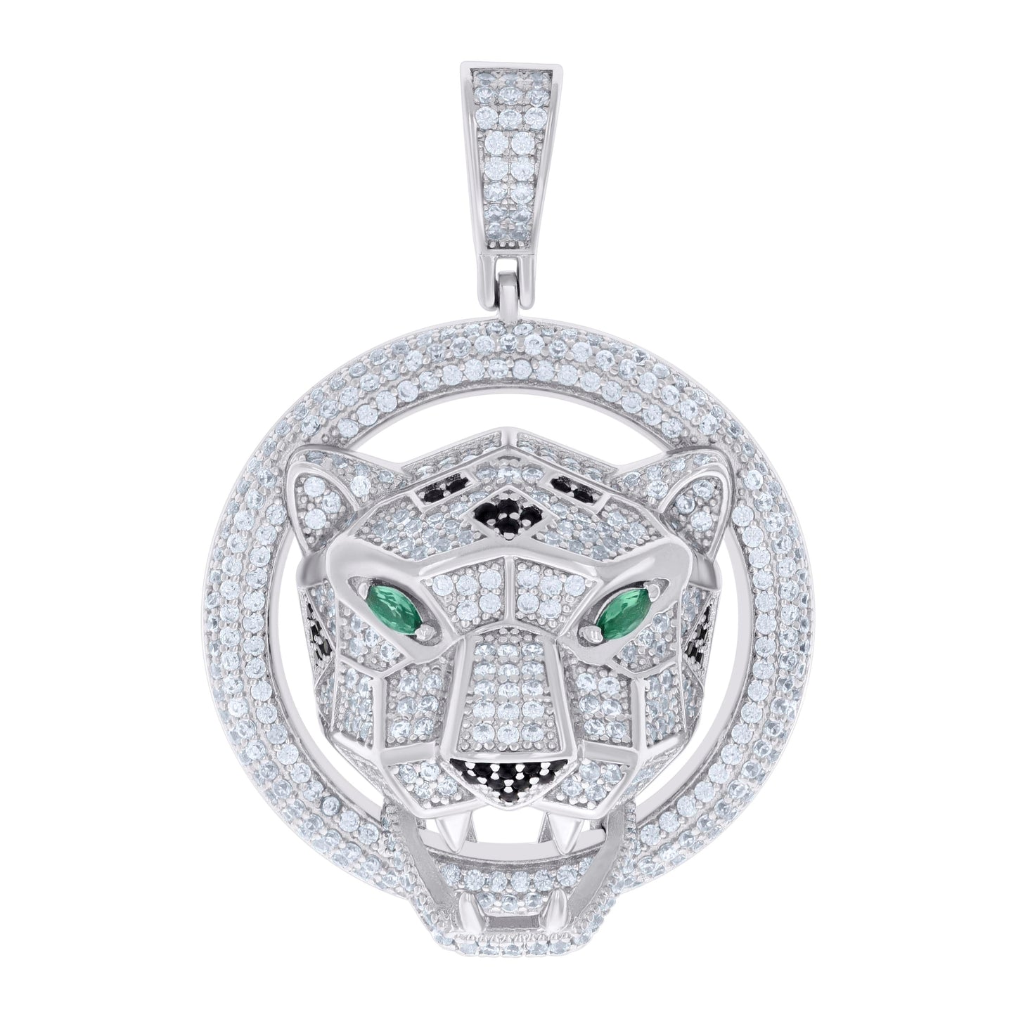 Sterling Silver Mens Green/Black White Marquise Round Cubic-Zirconia Panther Head Animal Pendant