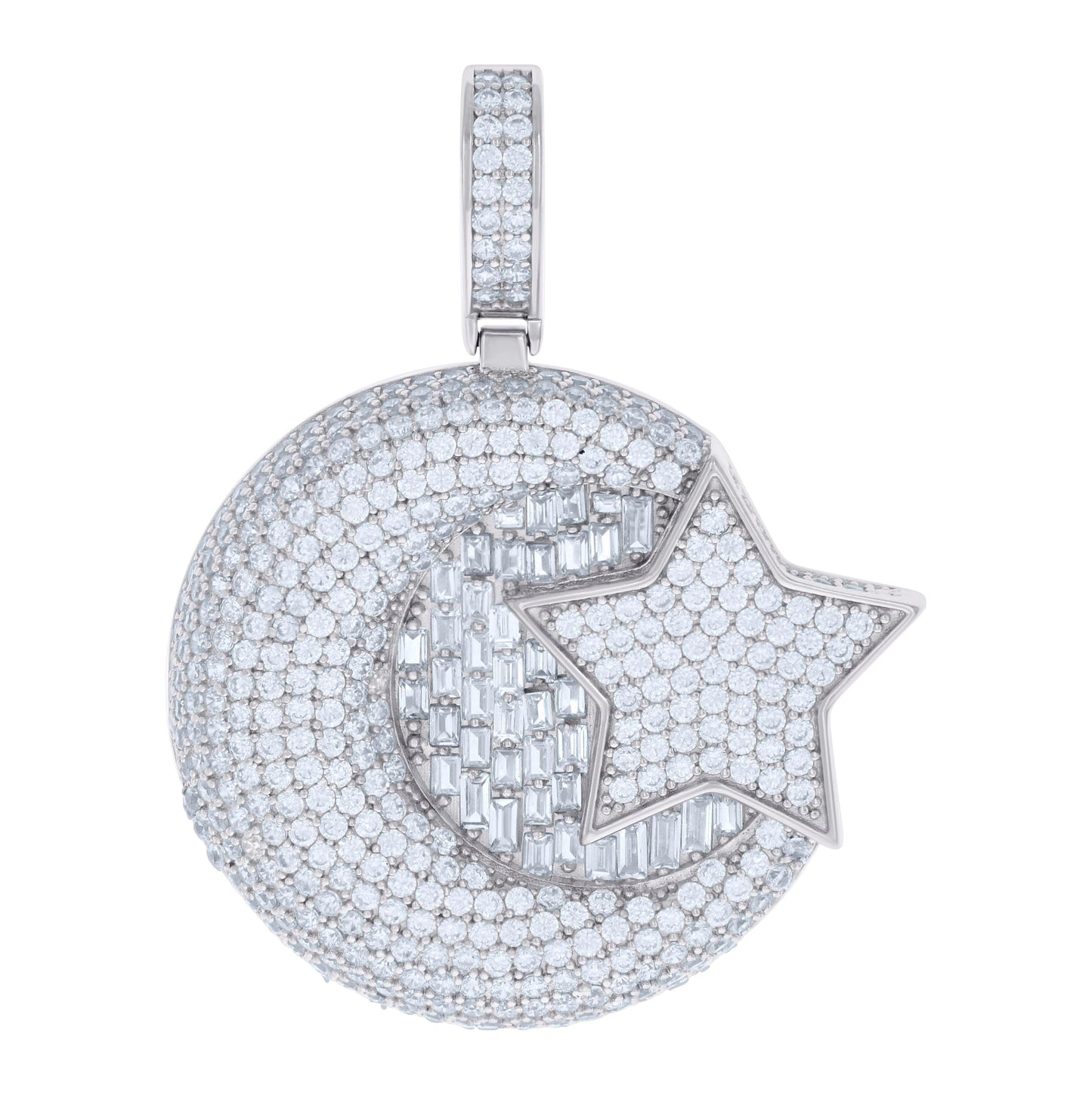 Sterling Silver Mens Baguette Round Cubic-Zirconia Crescent Moon Star Celestial Charm Pendant