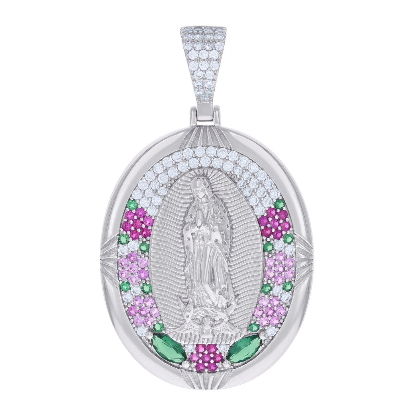 Sterling Silver Mens Pink/Green White Marquise Round Cubic-Zirconia Oval Guadalupe Pendant