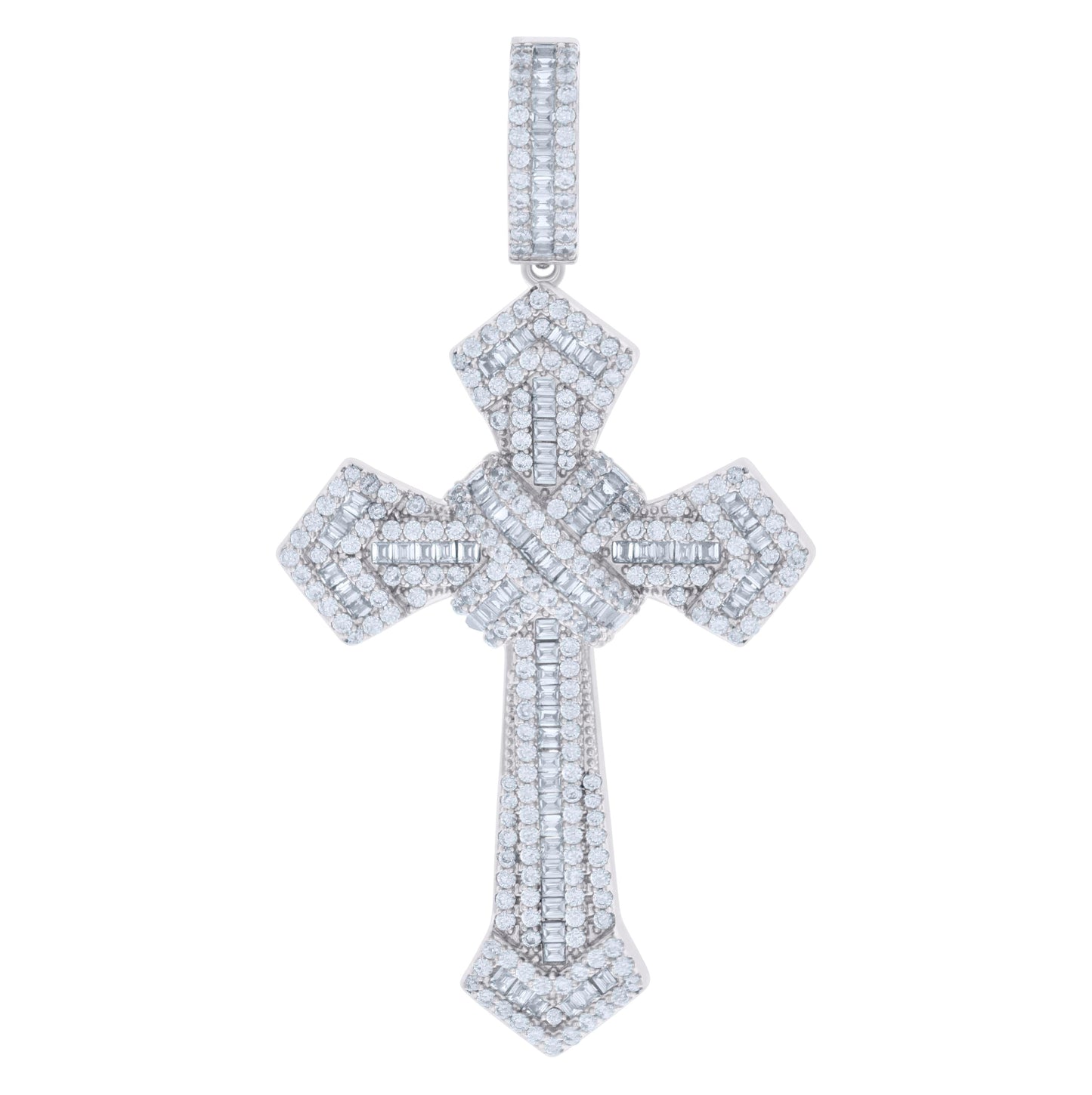 Sterling Silver Mens Baguette Round Cubic-Zirconia Cross Religious Charm Pendant