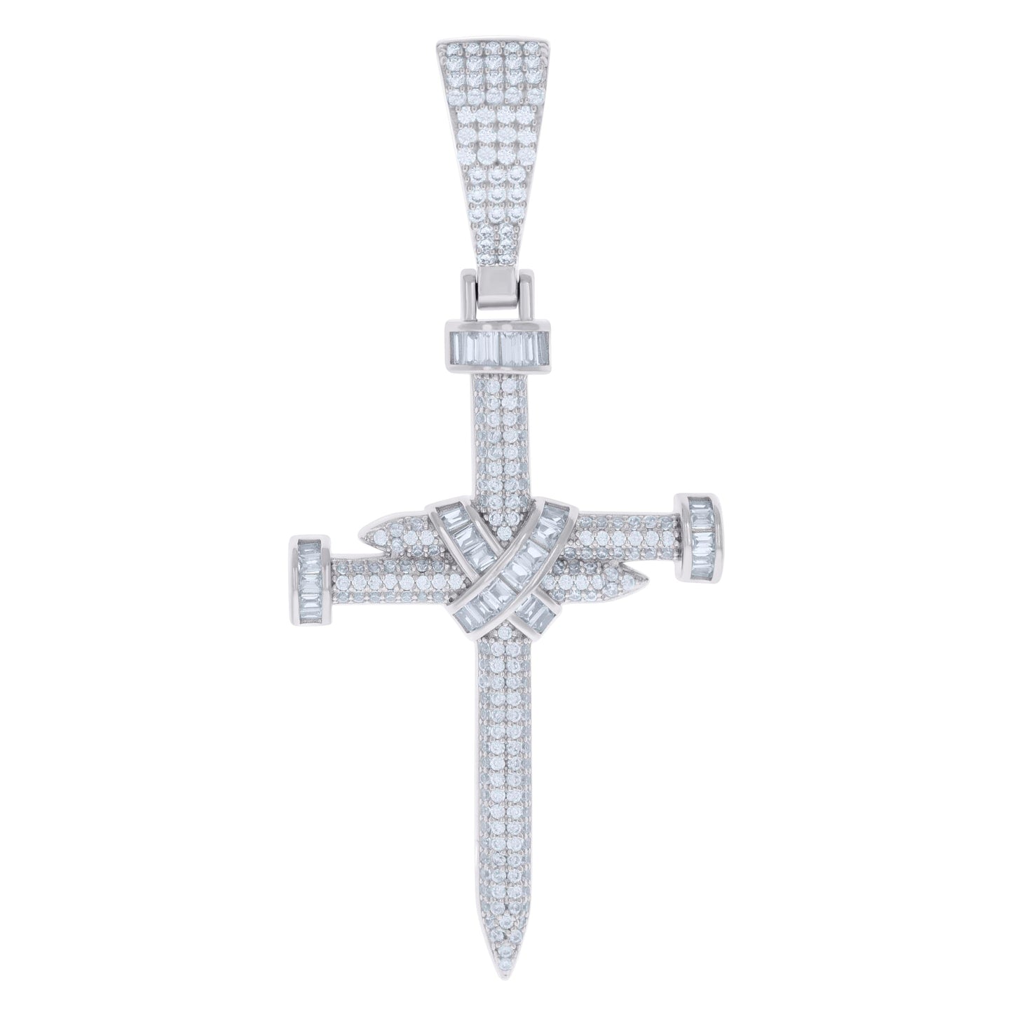 Sterling Silver Mens Baguette Round Cubic-Zirconia Nail Cross Religious Charm Pendant