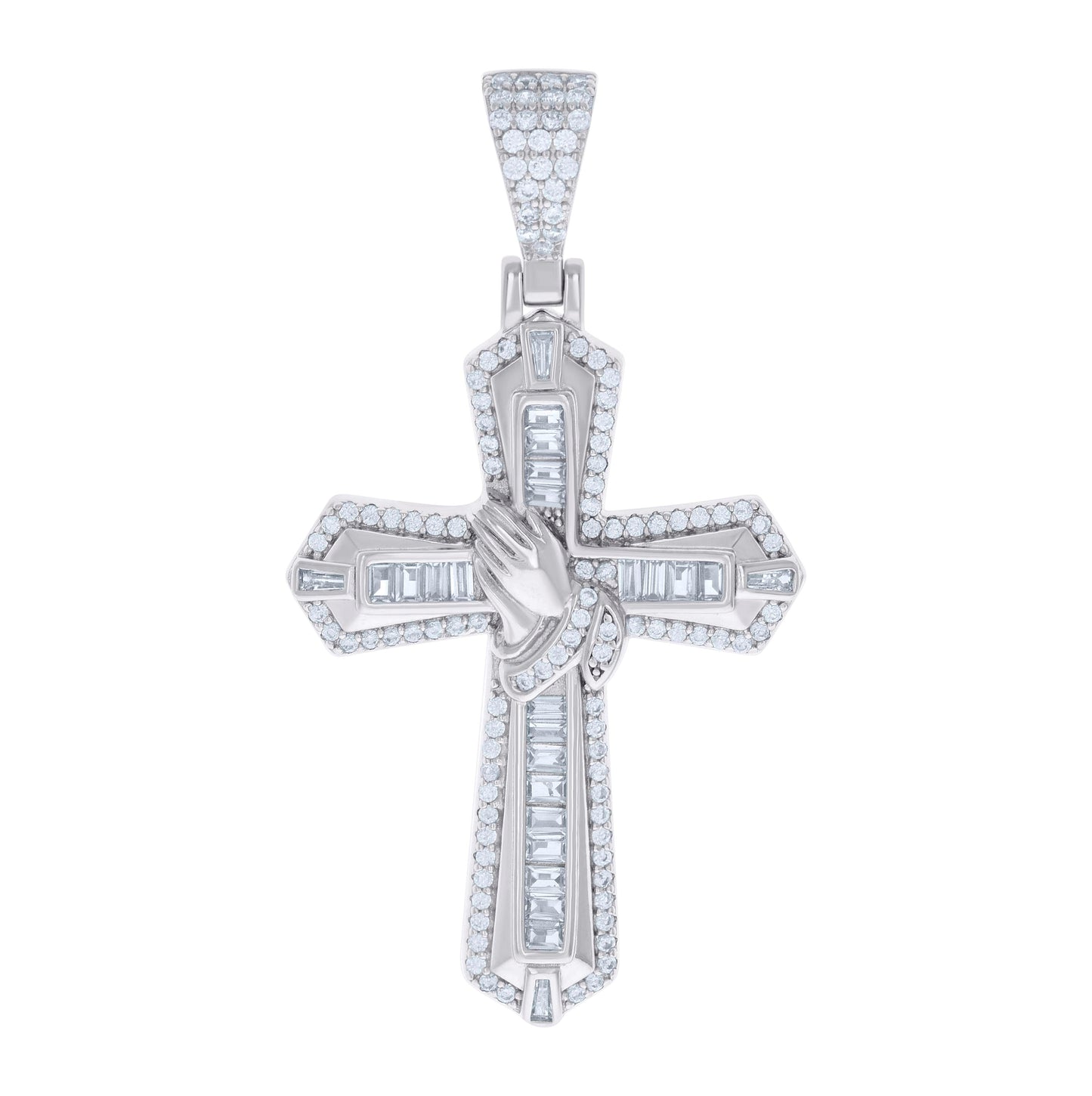 Sterling Silver Mens Baguette Round Cubic-Zirconia Praying Hands Cross Religious Charm Pendant