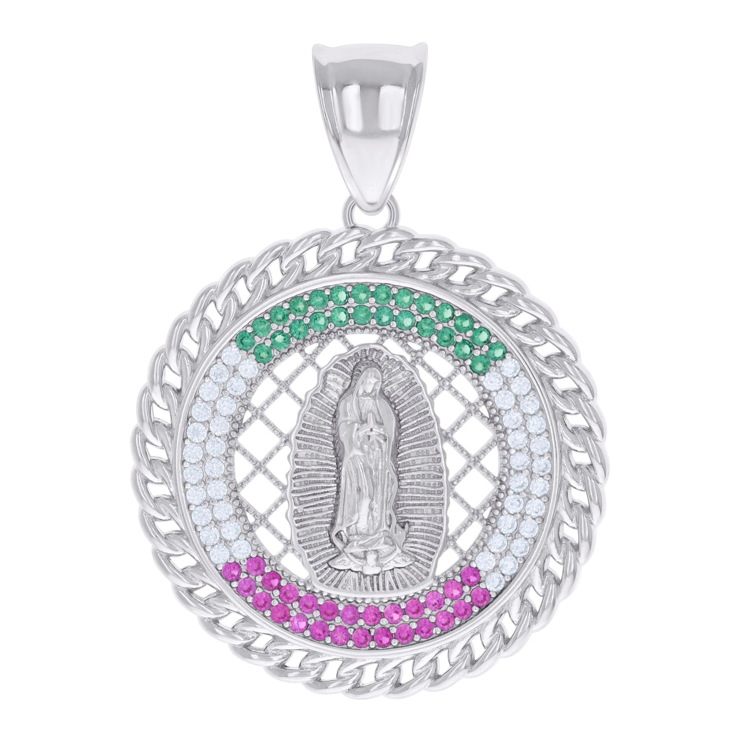 Sterling Silver Mens Pink/Green White Cubic-Zirconia Guadalupe Religious Charm Pendant