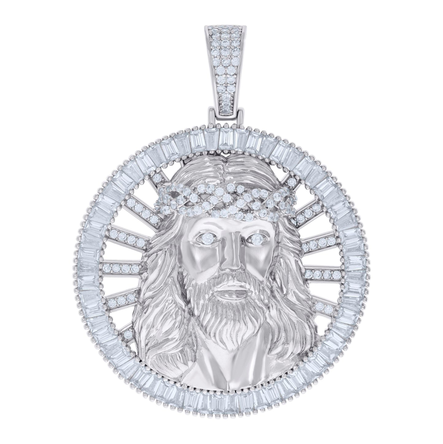 Sterling Silver Mens Baguette Round Cubic-Zirconia Jesus Religious Charm Pendant