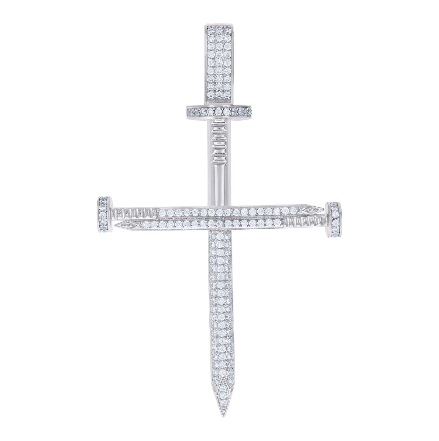 Sterling Silver Mens Round Cubic-Zirconia Nail Cross Religious Charm Pendant