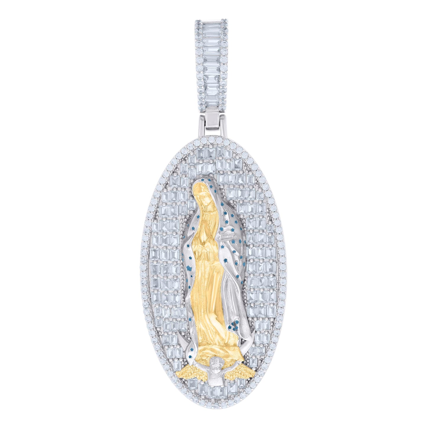Sterling Silver Yellow-tone -tone Mens Baguette Round Cubic-Zirconia Blue Enamel Guadalupe Religious Charm Pendant