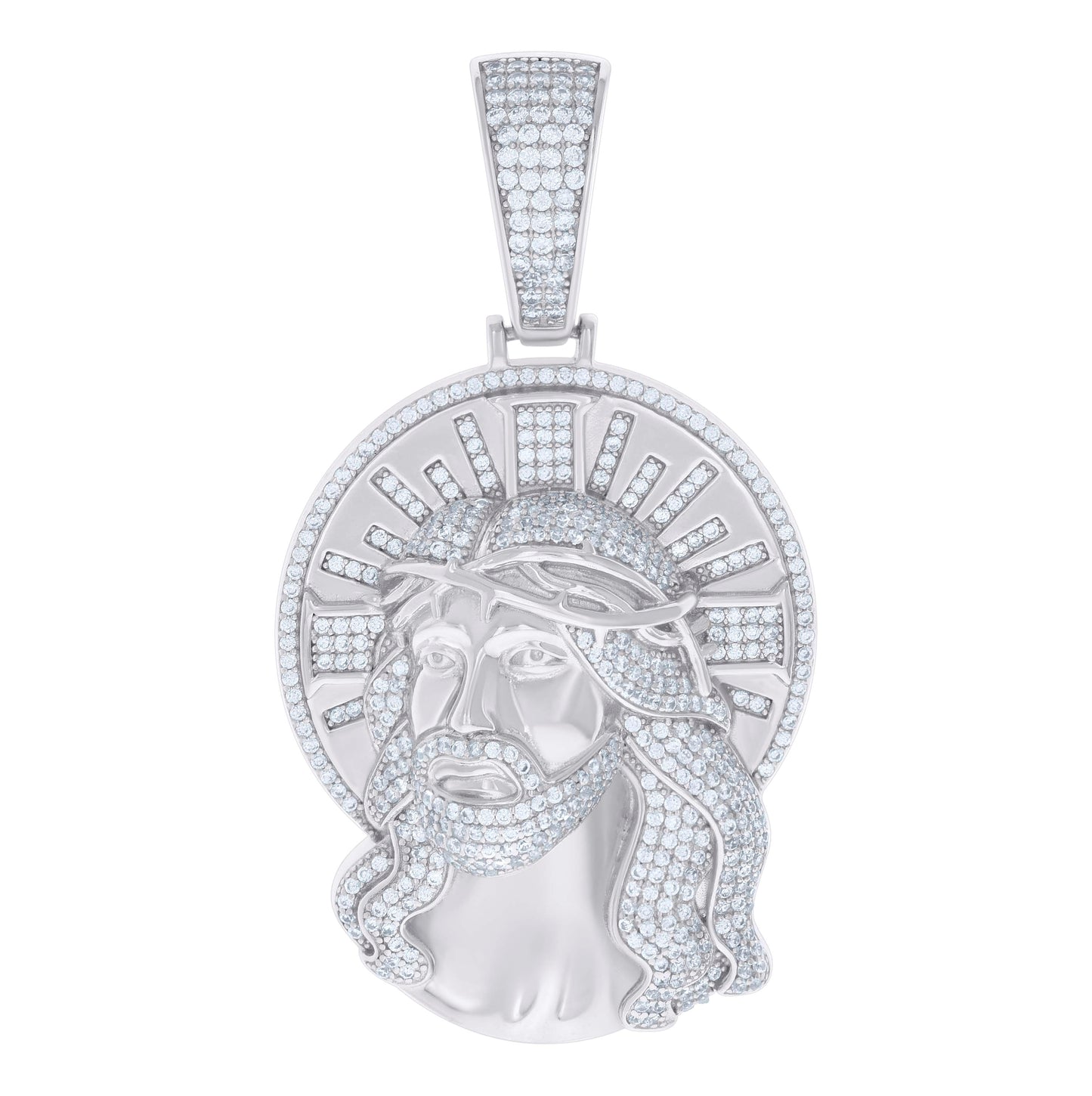 Sterling Silver Mens Round Cubic-Zirconia Jesus Religious Charm Pendant