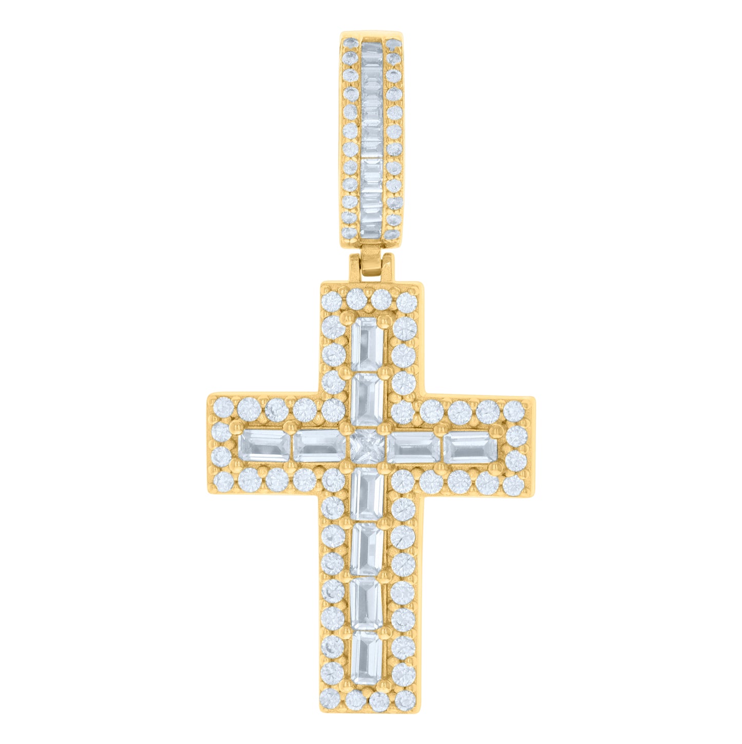 Sterling Silver Yellow-tone Mens Baguette Round Cubic-Zirconia Cross Religious Charm Pendant