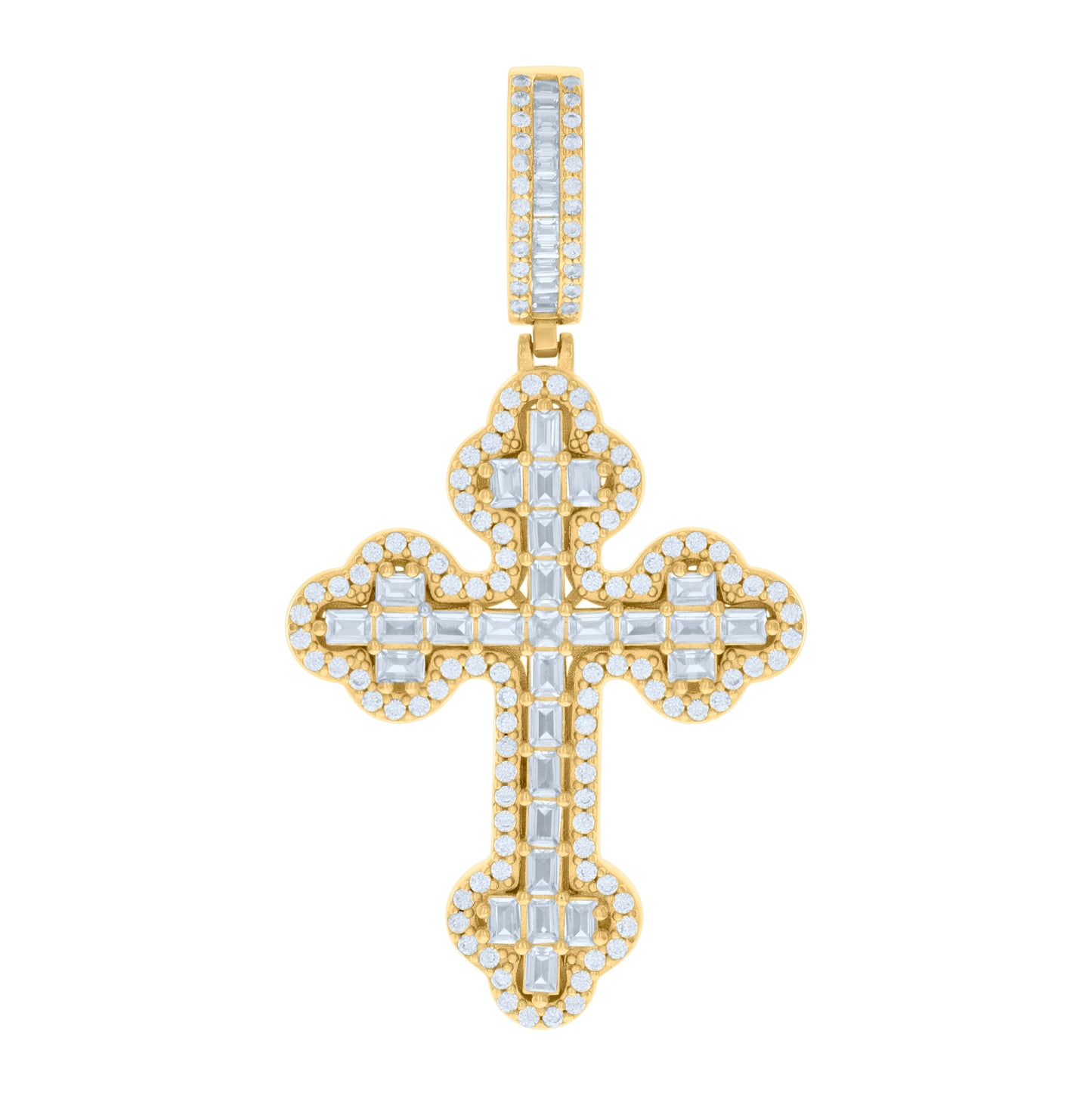 Sterling Silver Yellow-tone Mens Baguette Round Cubic-Zirconia Cross Religious Charm Pendant