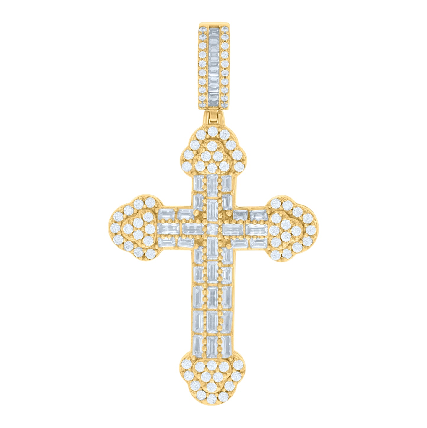 Sterling Silver Yellow-tone Mens Baguette Round Cubic-Zirconia Cross Religious Charm Pendant