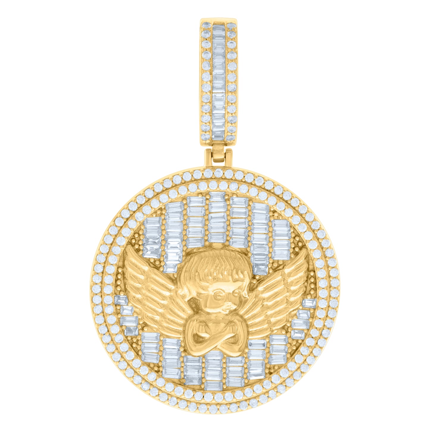 Sterling Silver Yellow-tone Mens Baguette Round Cubic-Zirconia Medallion Angle Charm Pendant