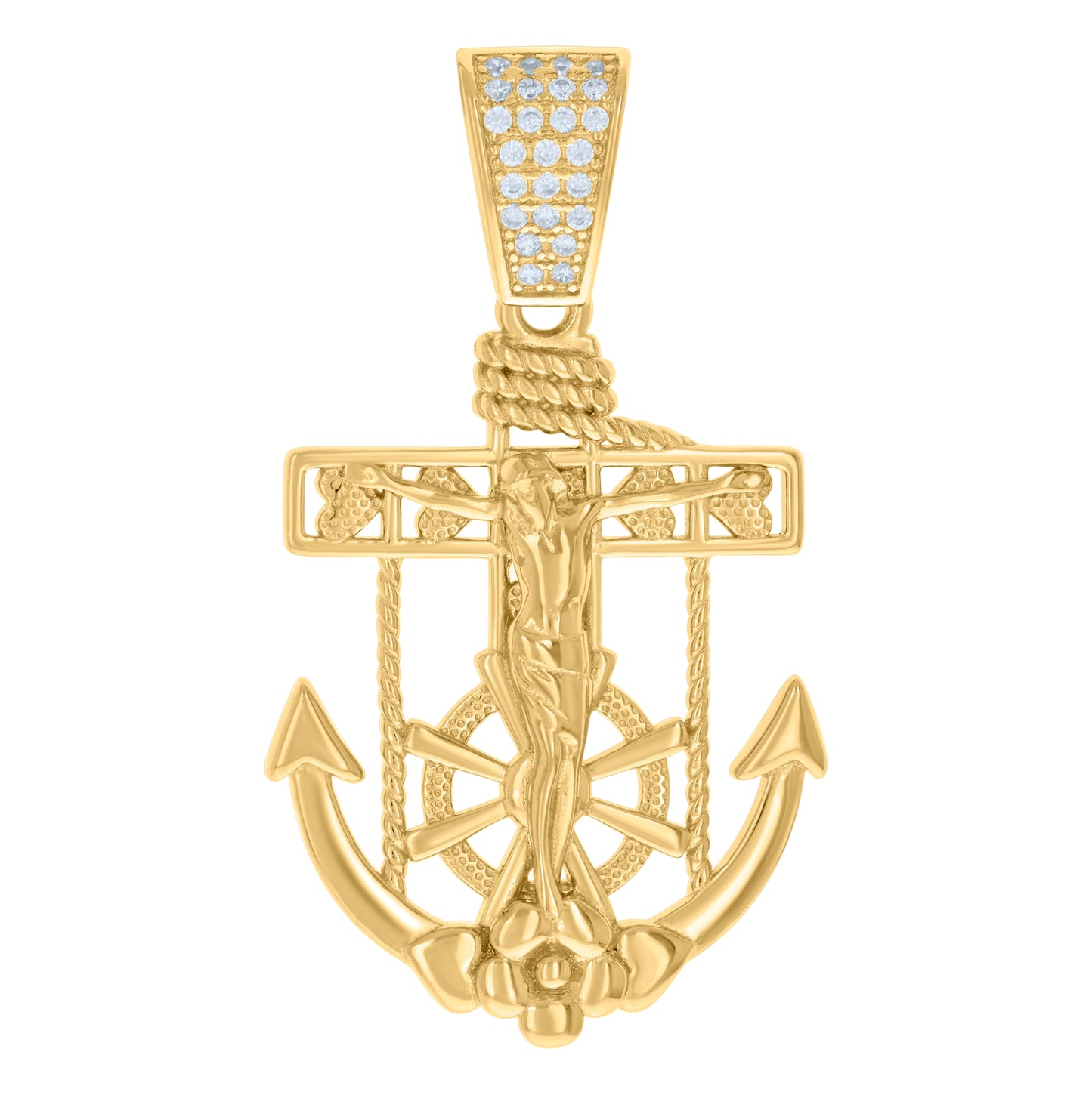 Sterling Silver Yellow-tone Mens Round Cubic-Zirconia Anchor Crucifix Religious Charm Pendant