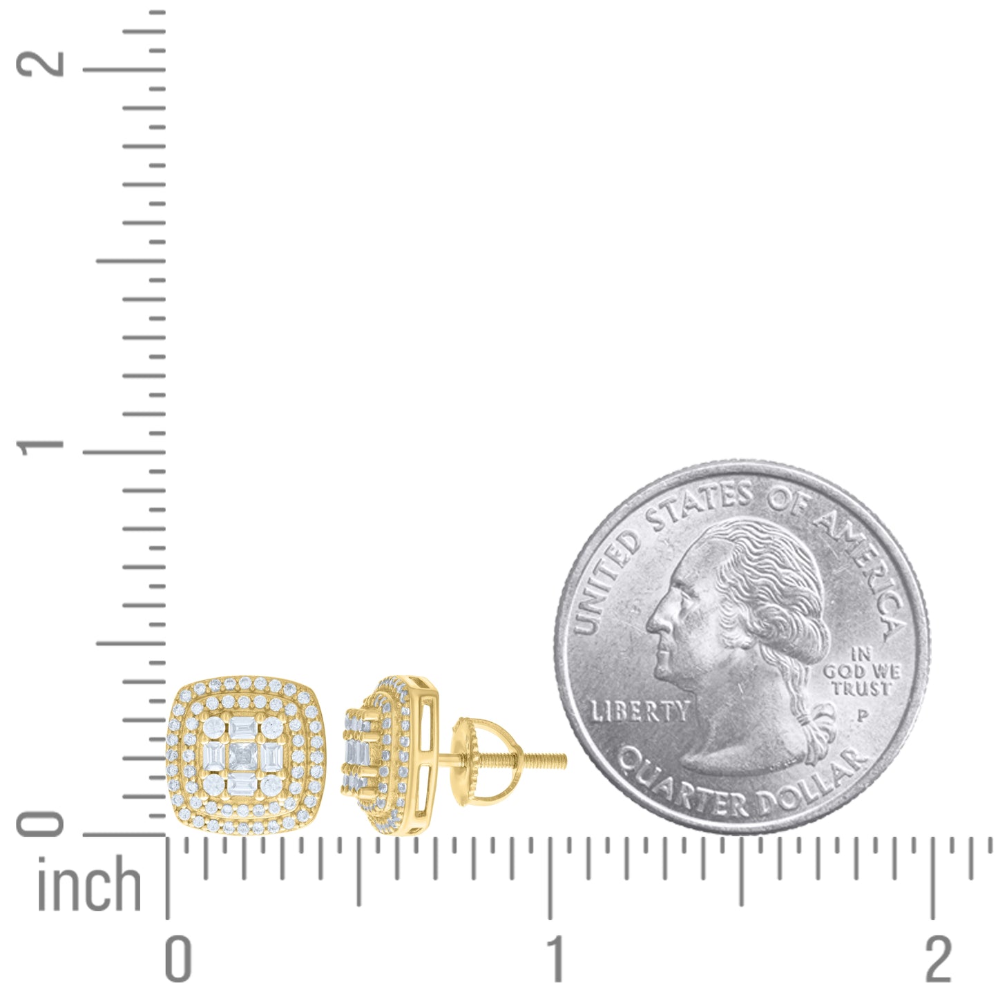 Sterling Silver Yellow-tone Womens Baguette Round Cubic-Zirconia Square Stud Earrings