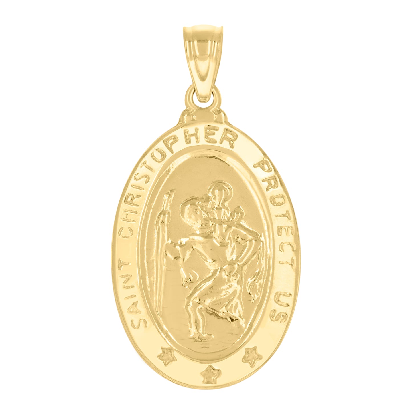 14K Yellow Gold Unisex Oval Medallion St. Christopher Protect Us Religious Pendant
