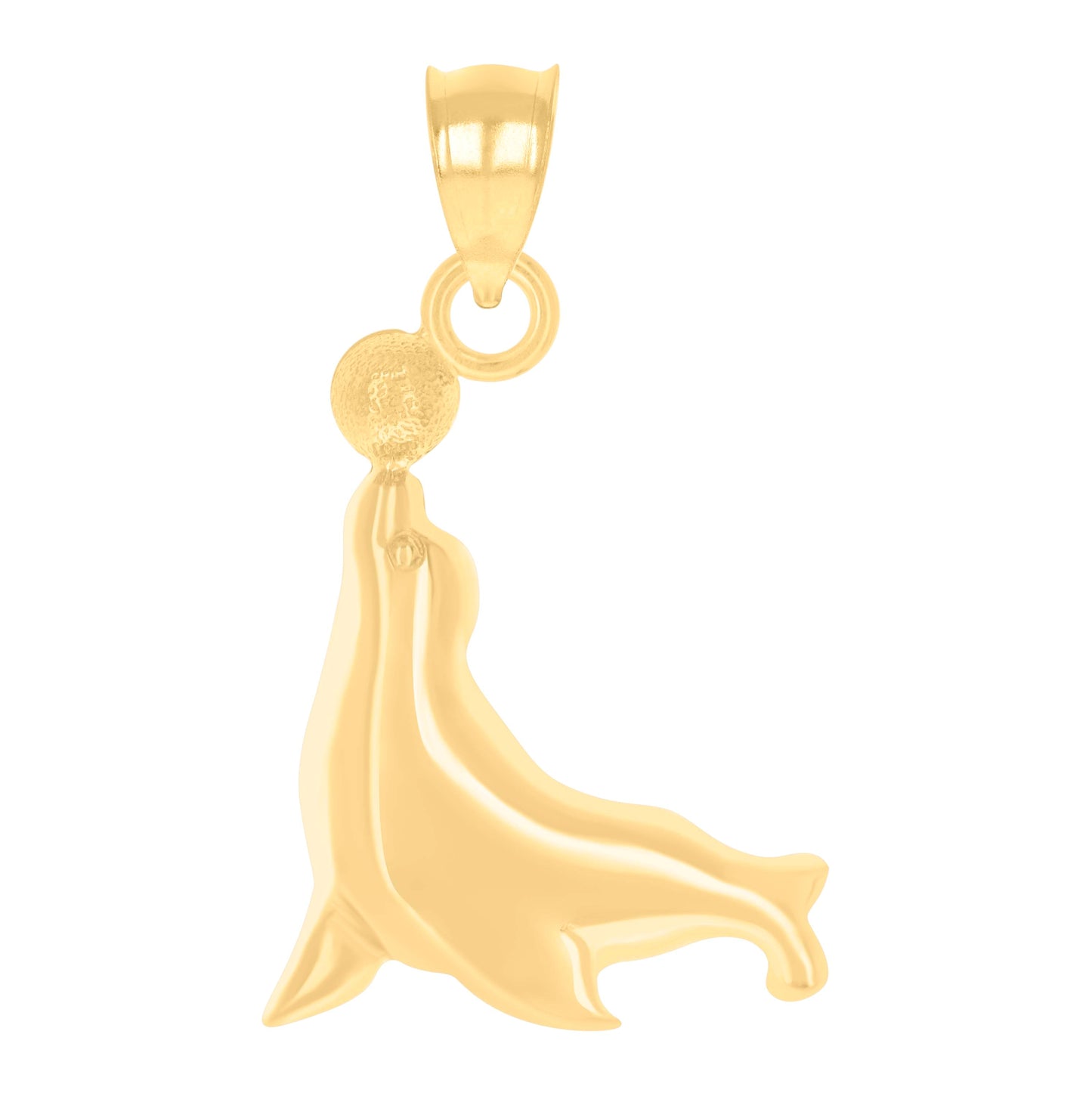 14K Yellow Gold Womens Sea Lion Playing With Ball Animal Ocean Charm Pendant
