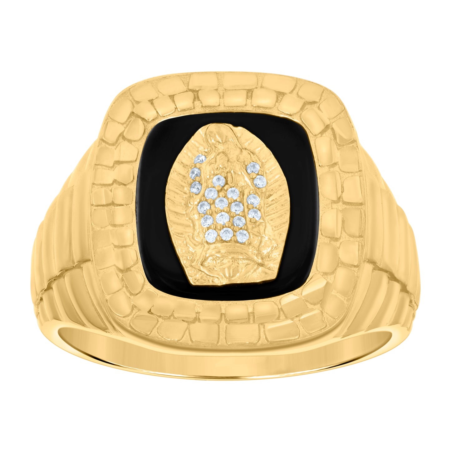 14K Yellow Gold Mens Cubic Zirconia Onyx Guadalupe/Mother Marry Religious Nugget Ring