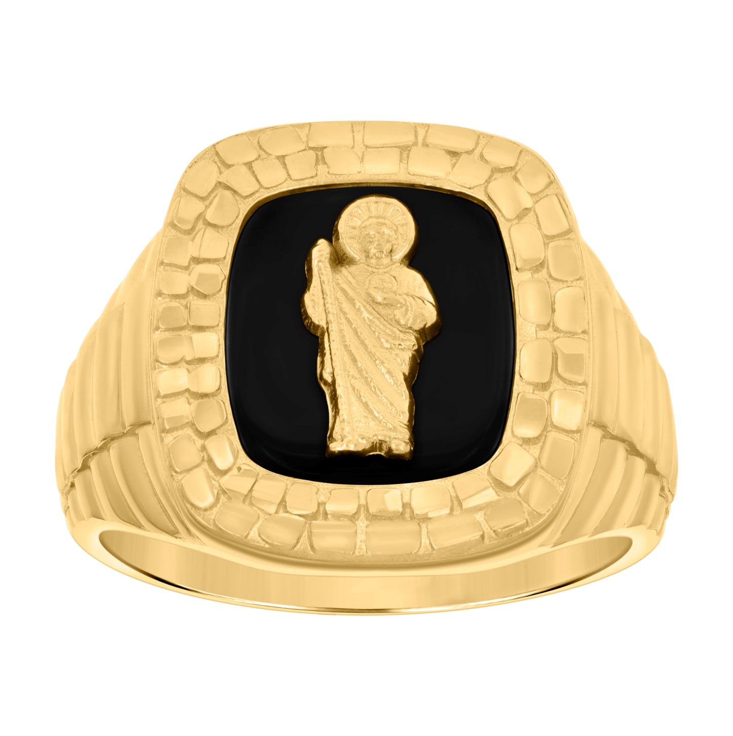 14K Yellow Gold Mens Onyx St. Jude Saint Religious Nugget Ring