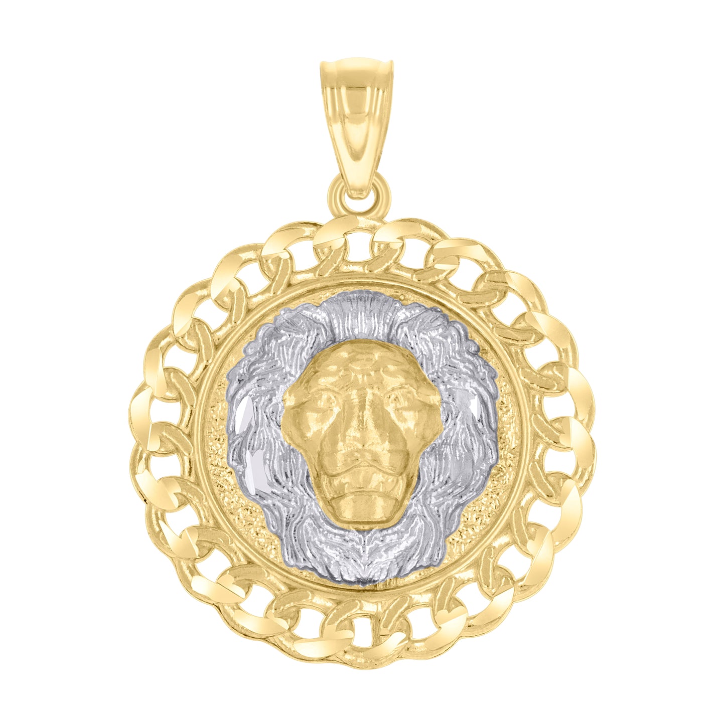 14K Two-tone Gold Mens Cuban Border Leo/Lion Head Animal Zodiac Sign/Wildlife Pendant