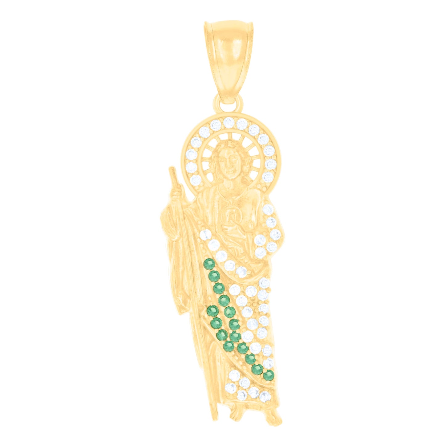 14K Yellow Gold Mens Green White Cubic-Zirconia St. Jude Religious Charm Pendant