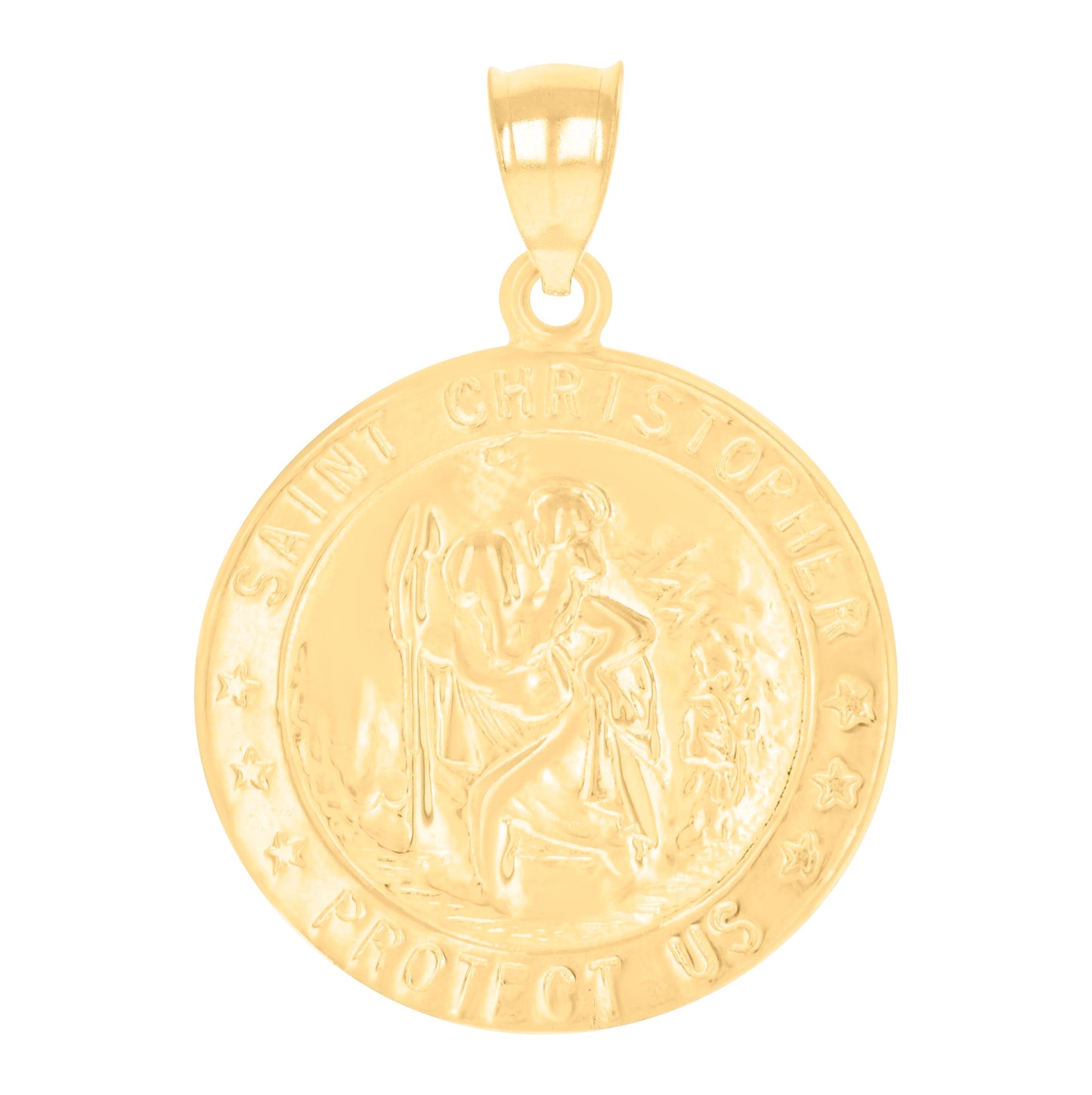 14K Yellow Gold Mens St. Christopher Protect Us Religious Charm Pendant