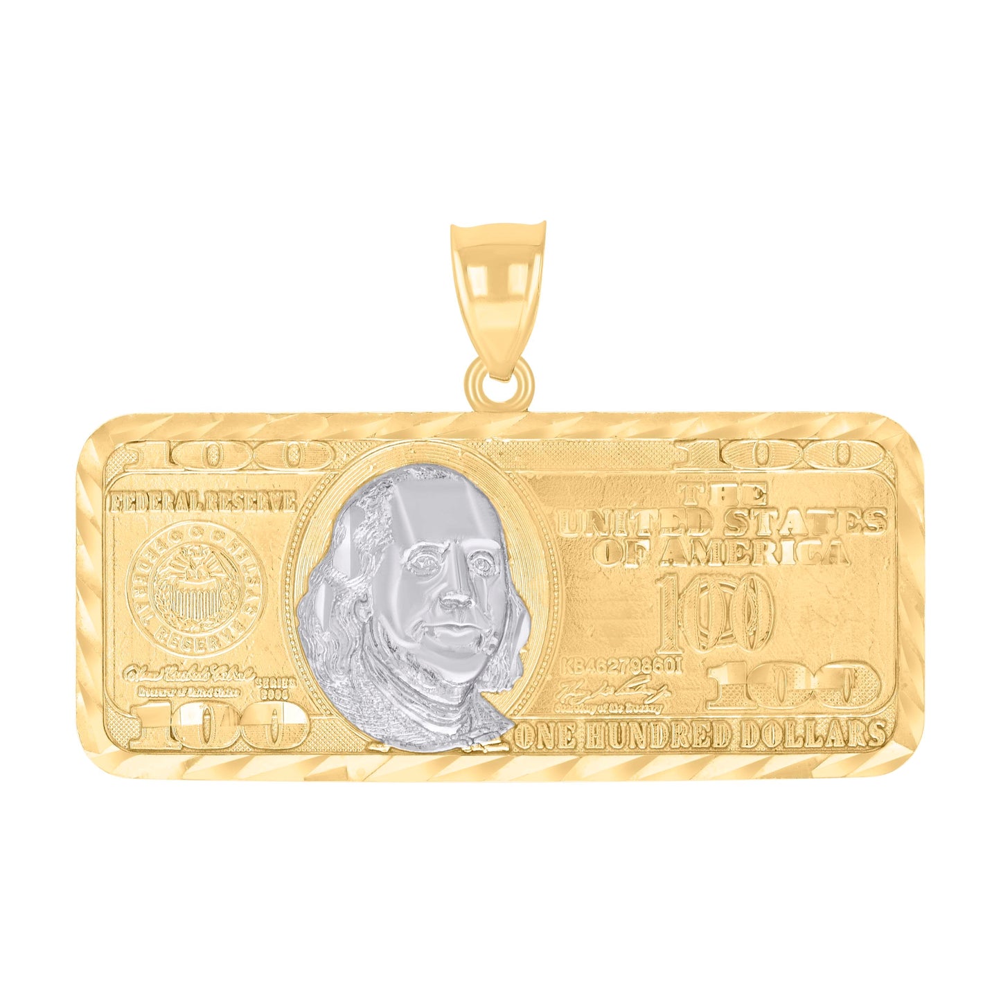 14K Two-tone Gold Mens 100 Dollar Bill Currency Fashion Charm Pendant