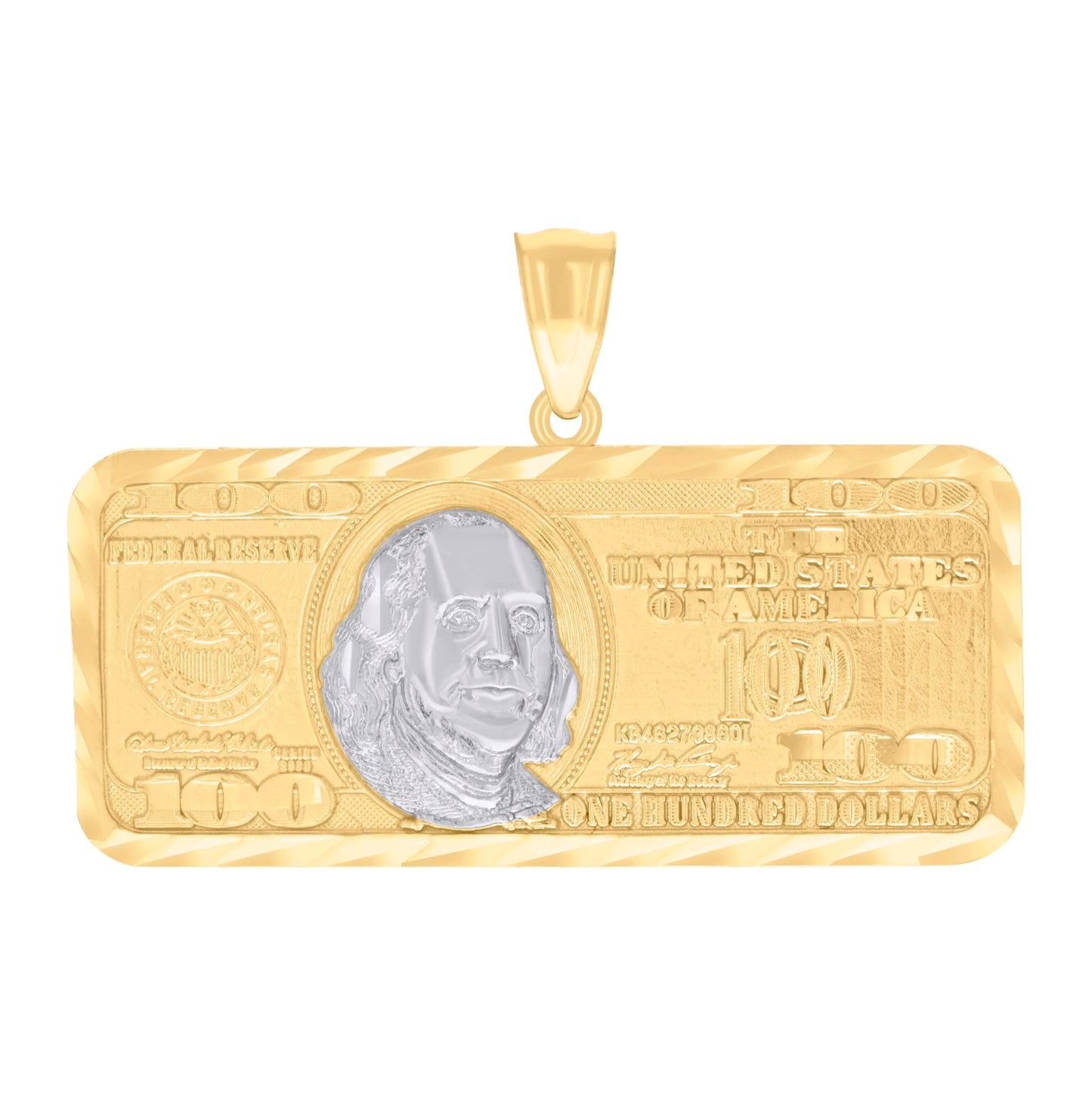 14K Two-tone Gold Mens 100 Dollar Bill Currency Fashion Charm Pendant