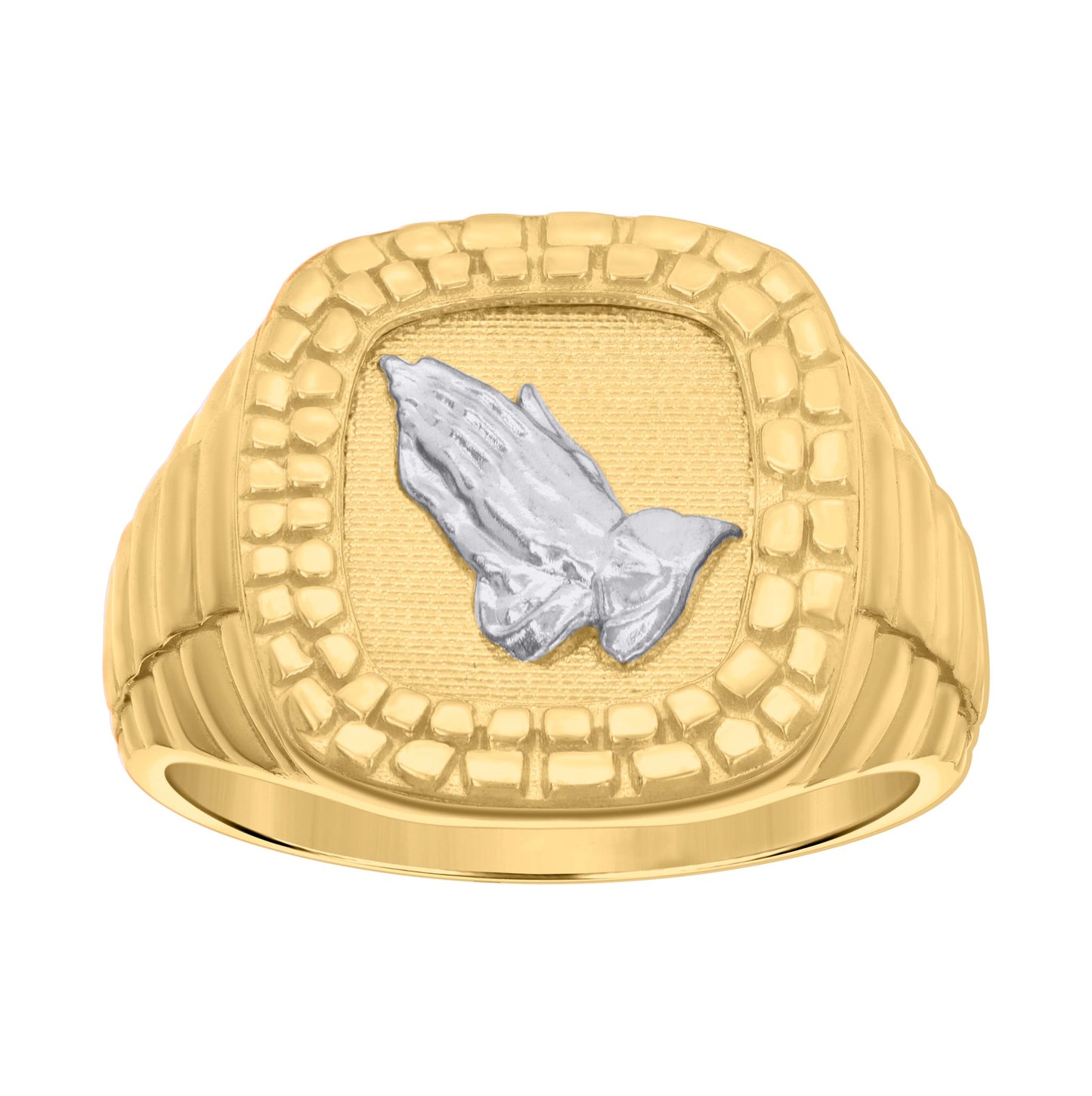 10K Two-tone Gold Mens Nugget Praying Hands Symbol Religious Ring