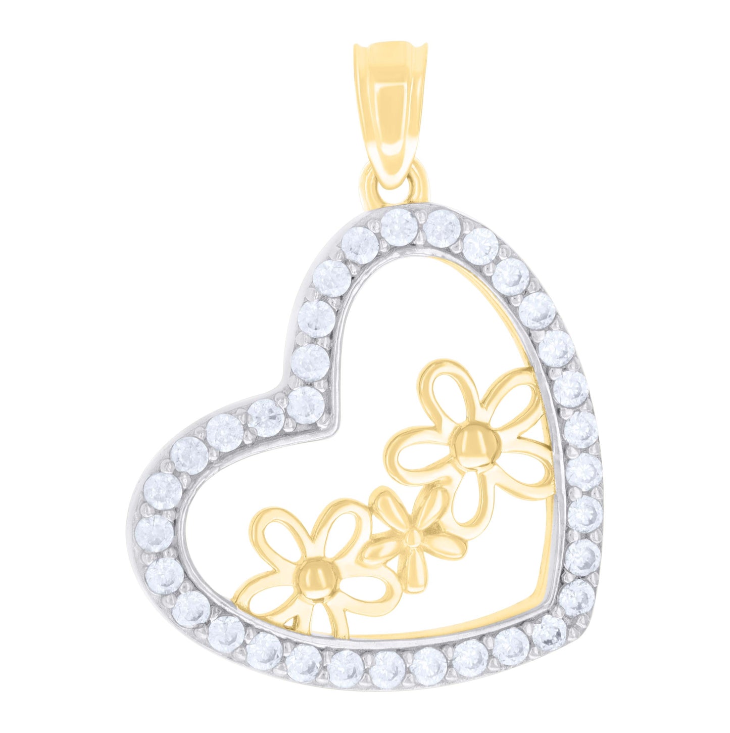 10K Two-tone Gold Womens Cubic-Zirconia Flowers Heart Charm Pendant