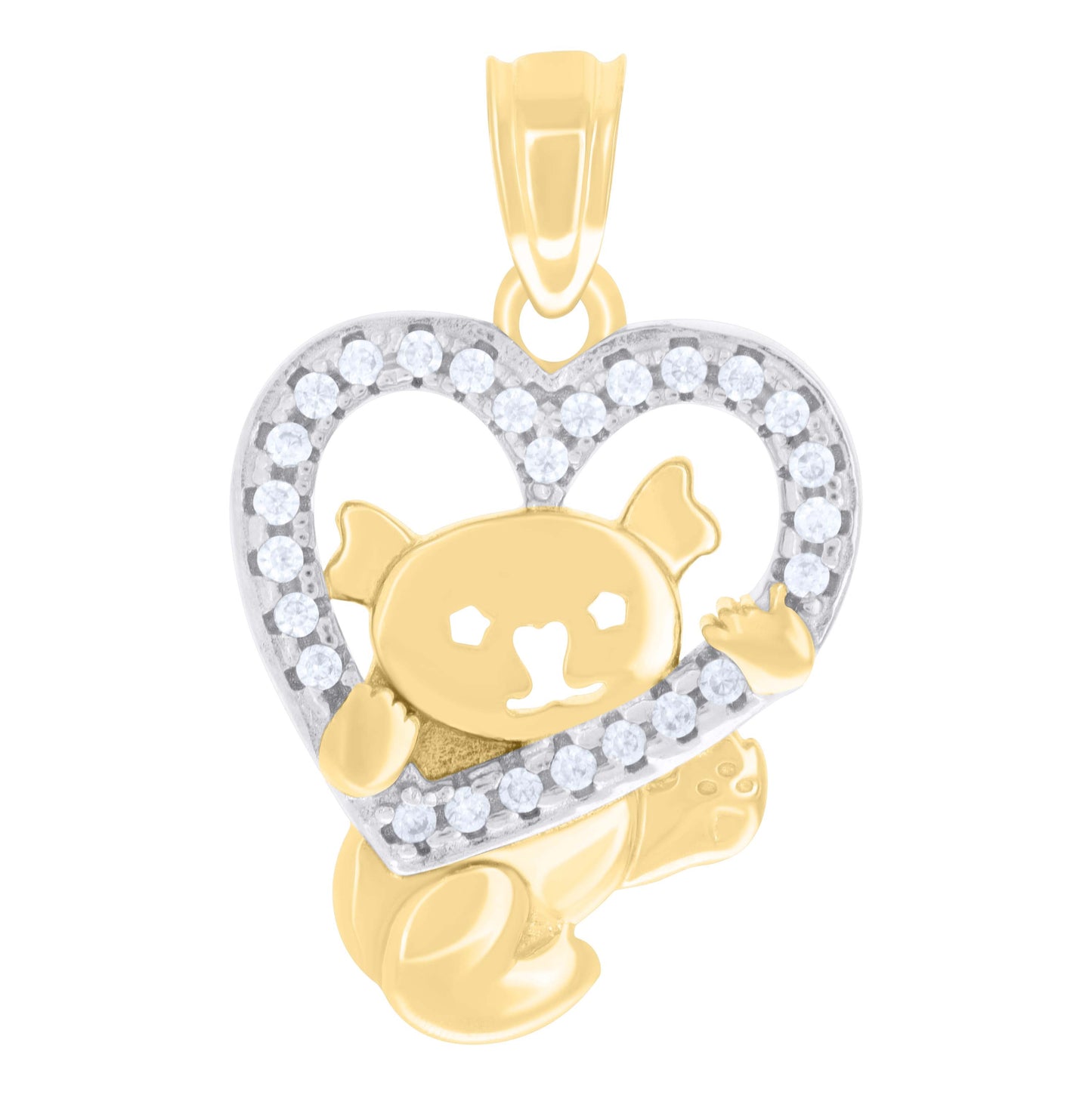 10K Two-tone Gold Womens Cubic-Zirconia Teddy Bear Heart Charm Pendant