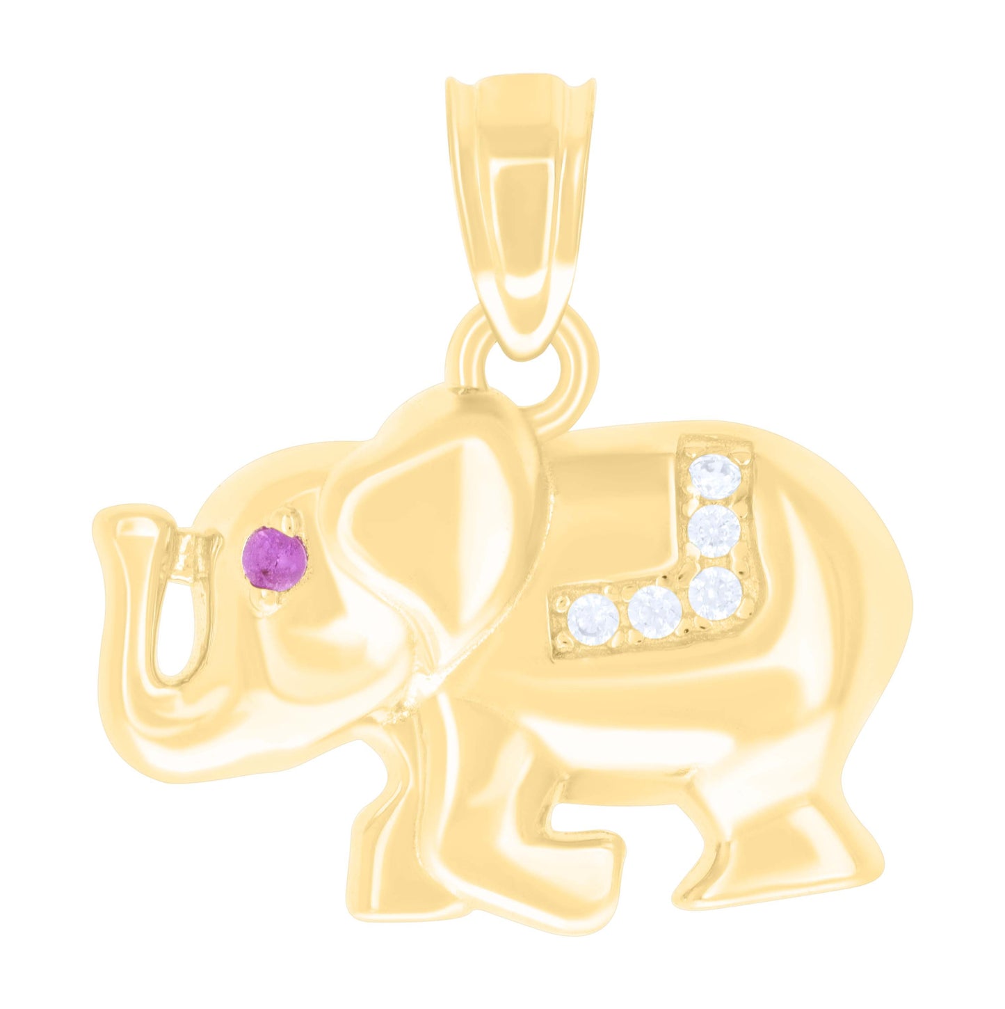10K Yellow Gold Unisex Purple White Cubic-Zirconia Elephant Good Luck Charm Pendant