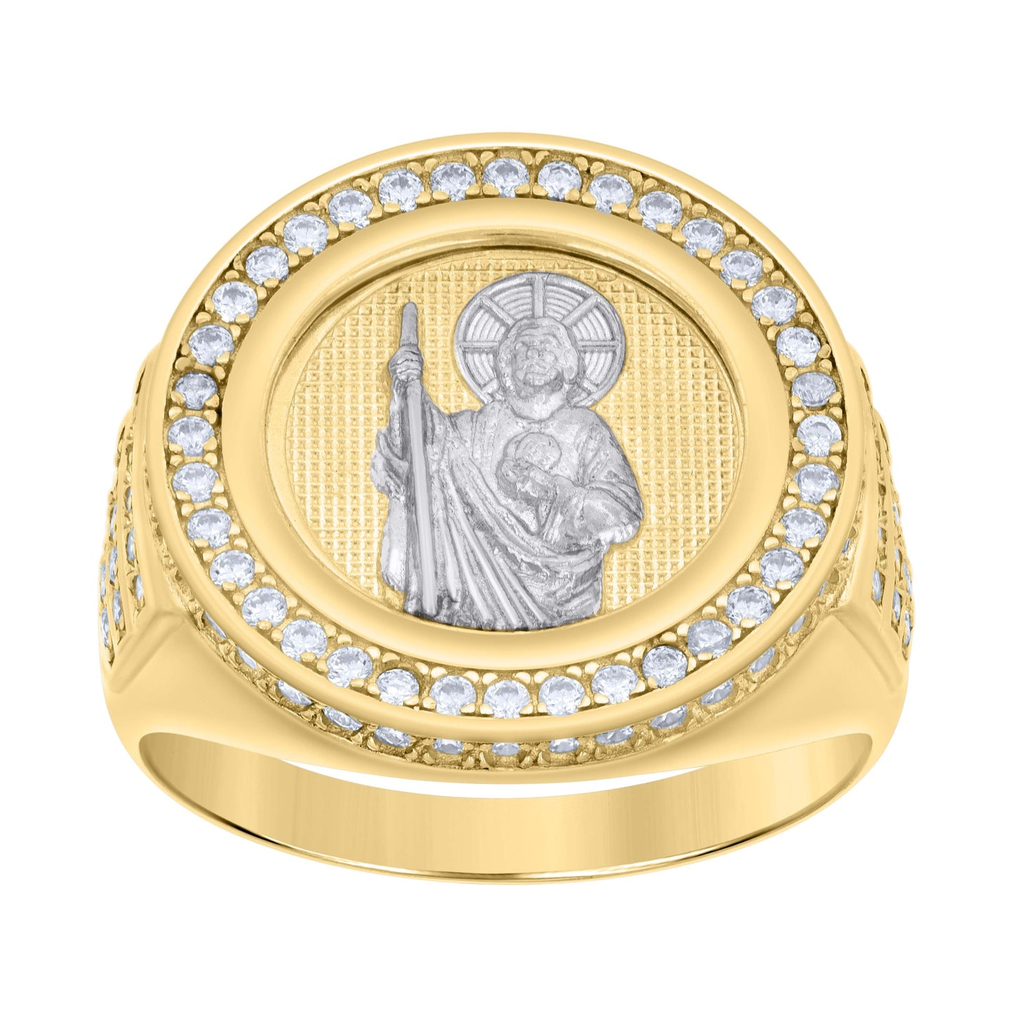 10K Two-tone Gold Mens Cubic-Zirconia St. Jude Religious Ring