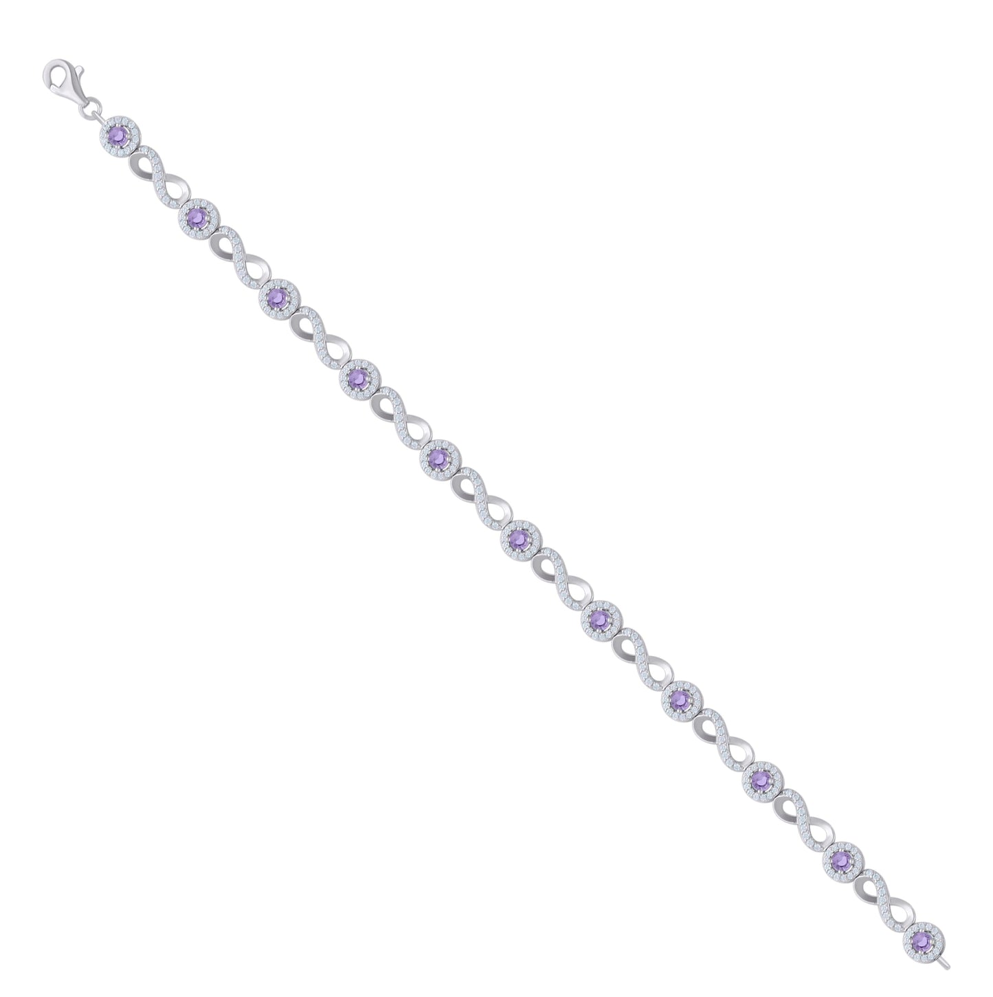 Sterling Silver Womens Purple White Cubic-Zirconia Infinity Tennis Bracelet