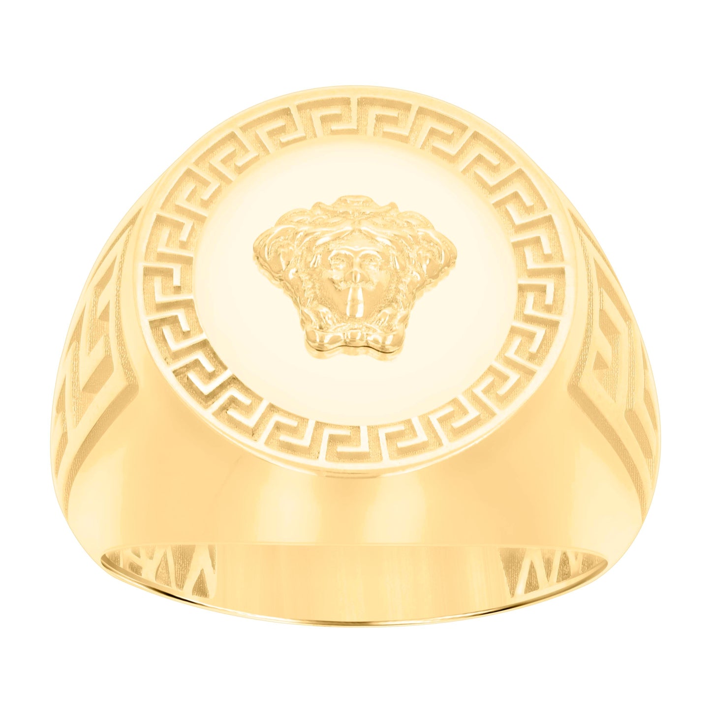 14K Yellow Gold Mens Greek Key Medusa Egyptian Ring