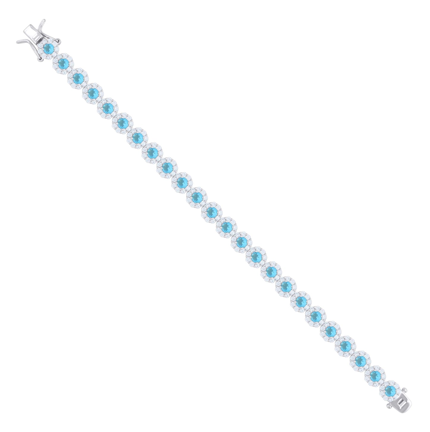Sterling Silver Womens Blue White Cubic-Zirconia Flower Link Bracelet