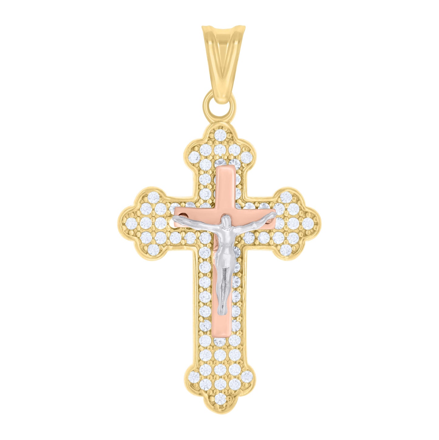 10K Tri-Color Gold Womens Cubic-Zirconia Crucifix Cross Religious Charm Pendant