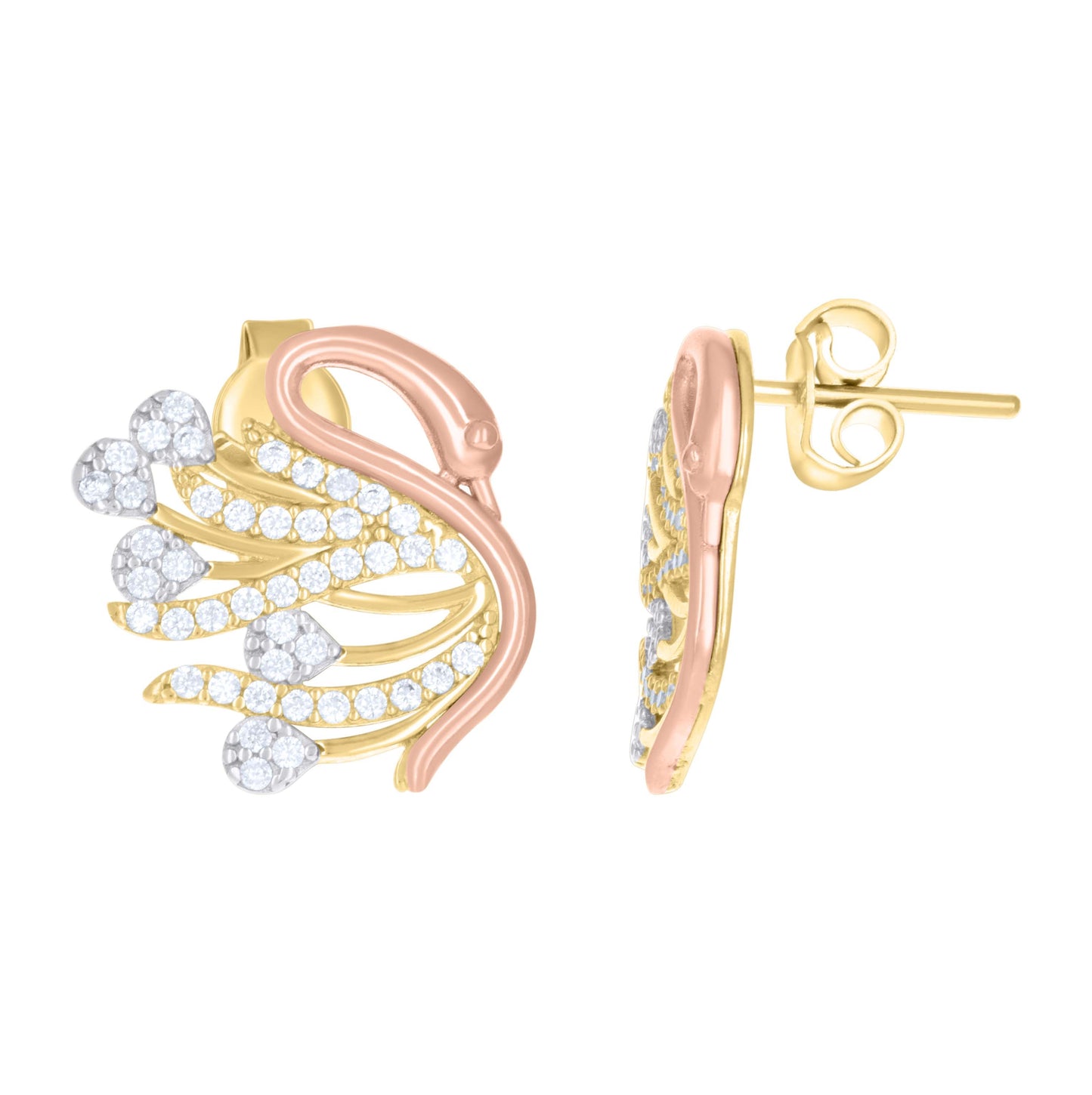 10K Tri-Color Gold Womens Cubic-Zirconia Goose Bird Wildlife Stud Earrings