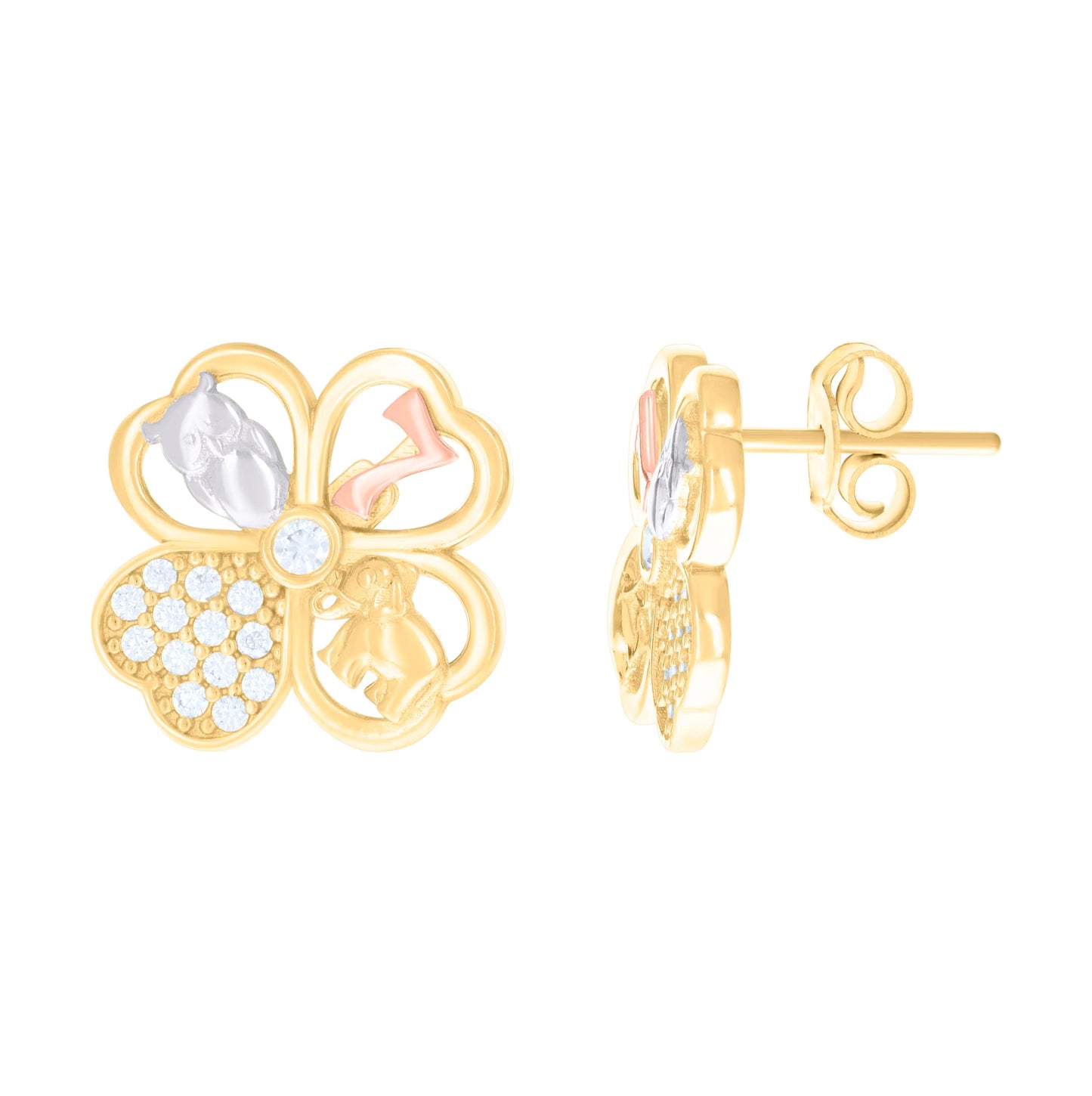 10K Tri-Color Gold Womens Cubic-Zirconia Clover Elephant Owl 7 Good Luck Stud Earrings