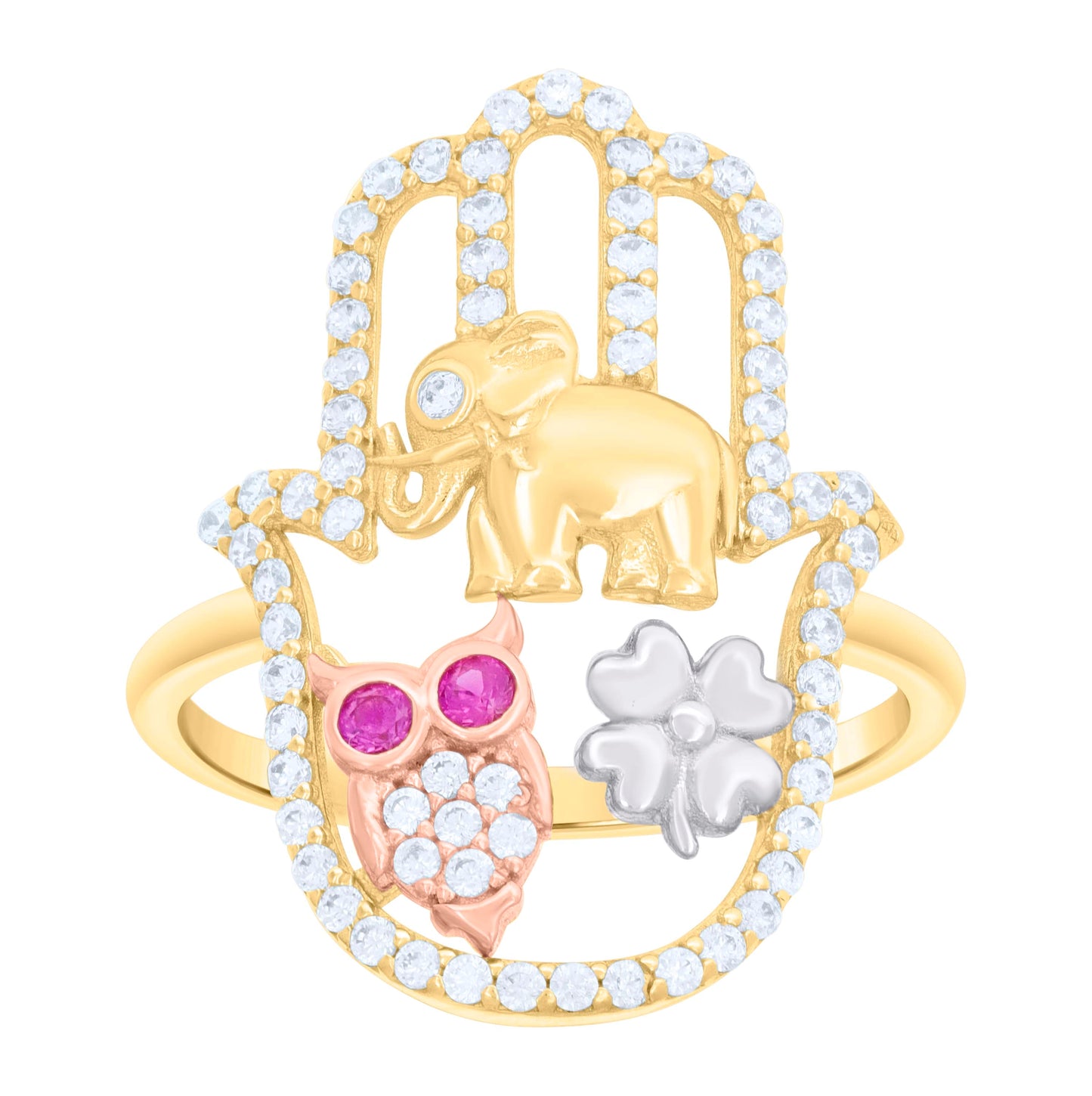 10K Tri-Color Gold Womens Pink White Cubic-Zirconia Elephant Owl Clover Hamsa Good Luck Symbol Religious Ring
