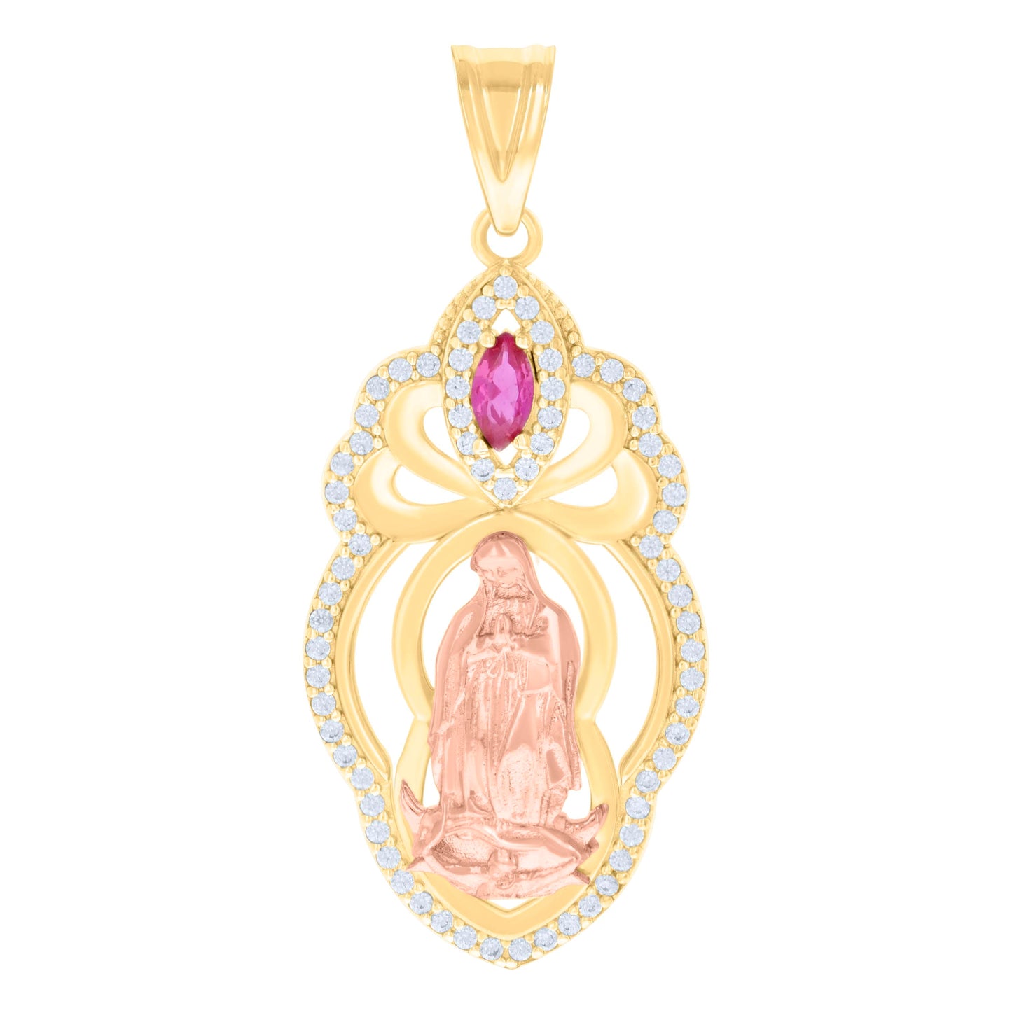 10K Two-tone Gold Womens Pink White Marquise Round Cubic-Zirconia Guadalupe Religious Charm Pendant