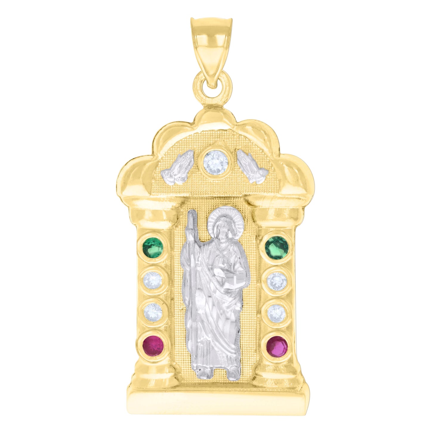 10K Two-tone Gold Mens Green/Purple White Cubic-Zirconia St. Jude Religious Charm Pendant