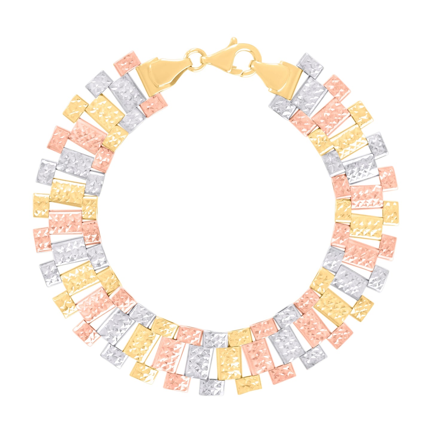 10K Tri-Color Gold Womens Diamond-Cut Fashion Link Bracelet Size 7.5 Inches