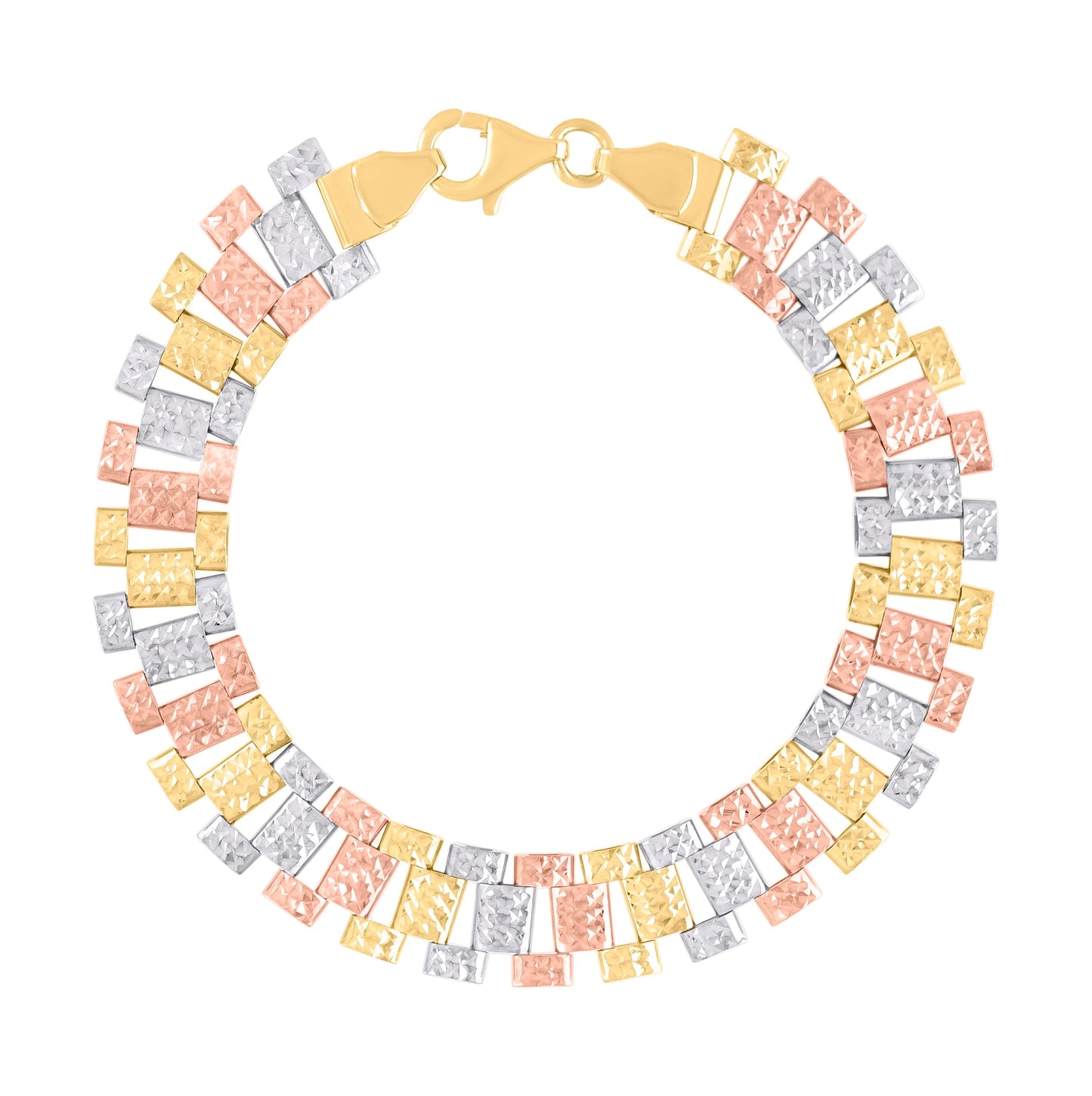 10K Tri-Color Gold Womens Diamond-Cut Fashion Link Bracelet Size 7.5 Inches